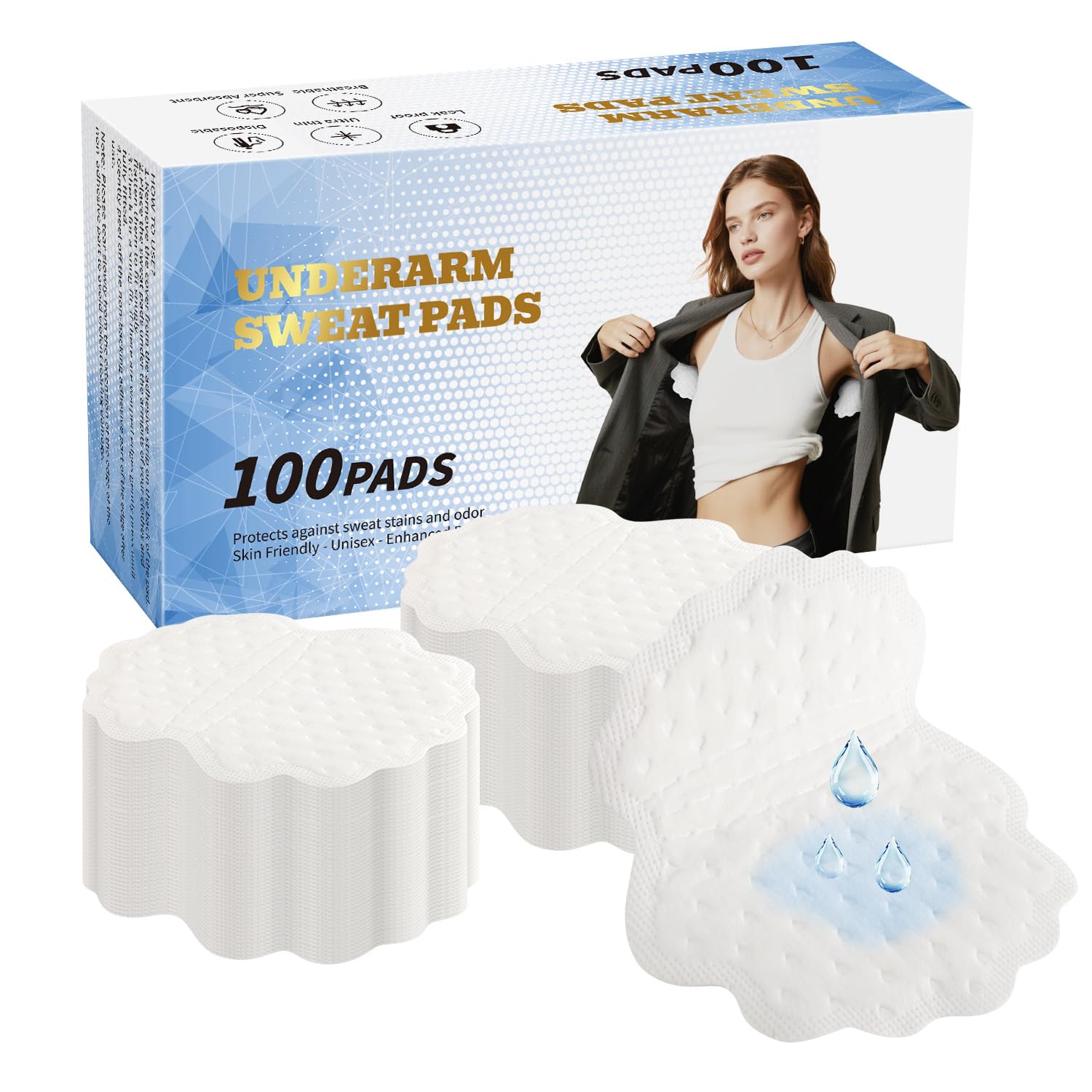 Disposable Armpit Sweat Pads, 100 Pcs Invisible Self-adhesive Underarm Sweat Pads, for Men Women Comfortable Unflavored Sweat Free Armpit Protection