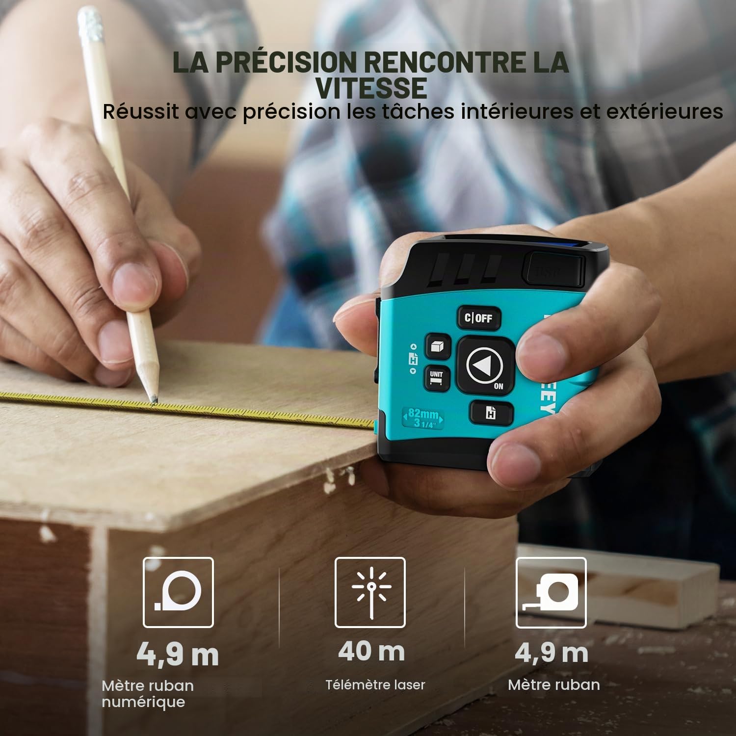 MiLESEEY DT20 Mètre à ruban laser 40 m avec mètre ruban numérique 5 m, mètre ruban standard, mesure du volume de zone en mode Pythagore, étanche et rechargeable