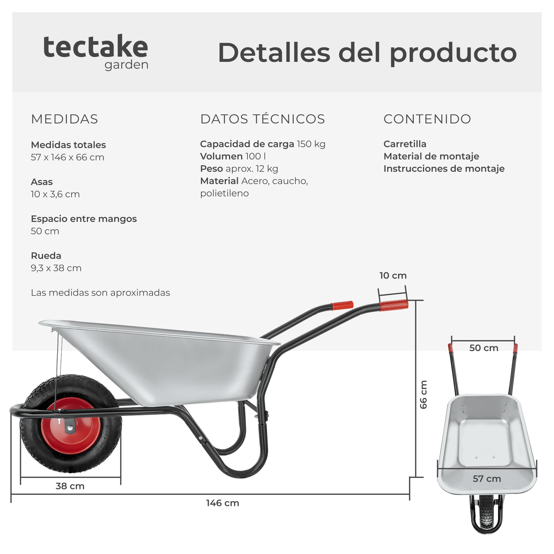 tectake® Carretilla de Carga, Hecho de Acero galvanizado, Carro con Ruedas neumáticas, Capacidad de 100 L, Carga hasta 250 kg, Estructura Robusta, Carretilla Jardin, Uso versátil, Carretilla de Obra
