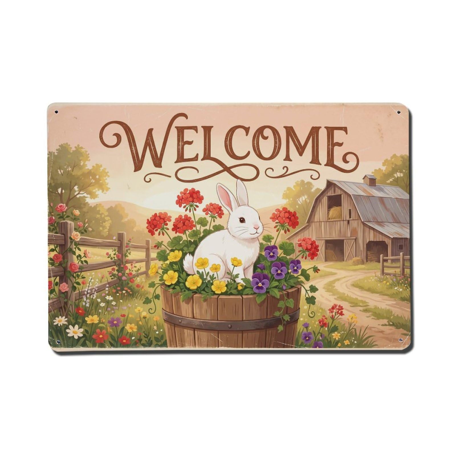 Vintage Welcome Bunny Rustic Charm Metal Tin Sign