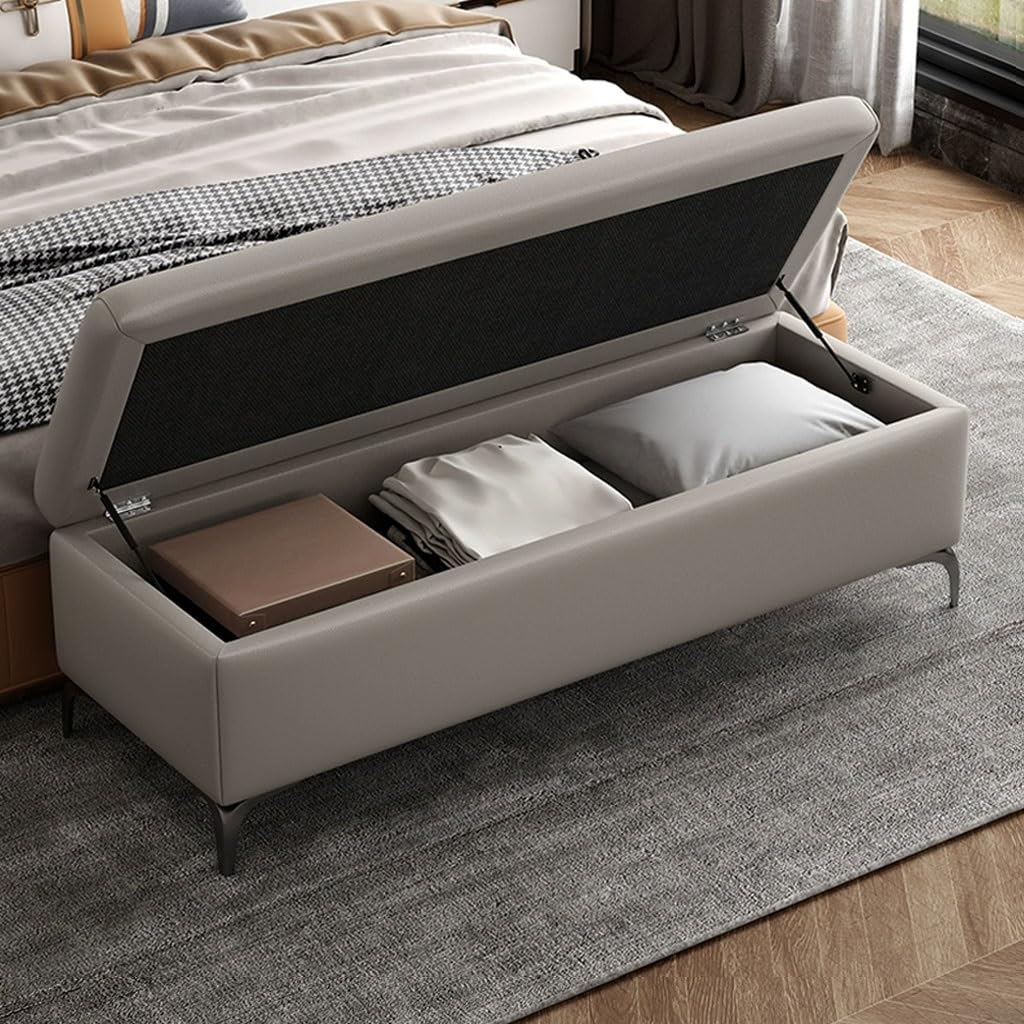 Ławka Pod Łóżko Ottoman, Bardzo Duża Skrzynia Do Przechowywania Tapicerowany Stołek, Skórzany Podnóżek Sofa Stołek Do Salonu, Podnóżek Z Odchylanym Blatem(Light grey,80cm)