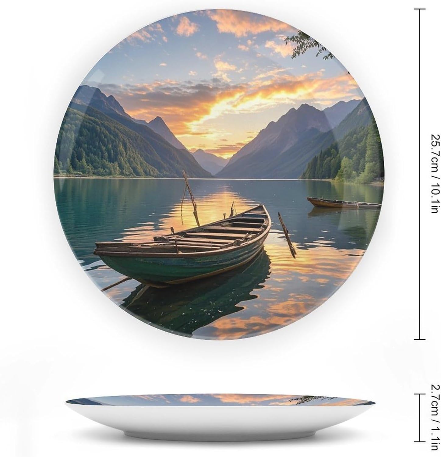 River Sunset Wooden Boat Decorative Ceramic Plate Round Porcelain Plate Decor Personalized Bone China Decorative Plates Ceramic Ornaments Dessert Plates with Display Stand 10inch