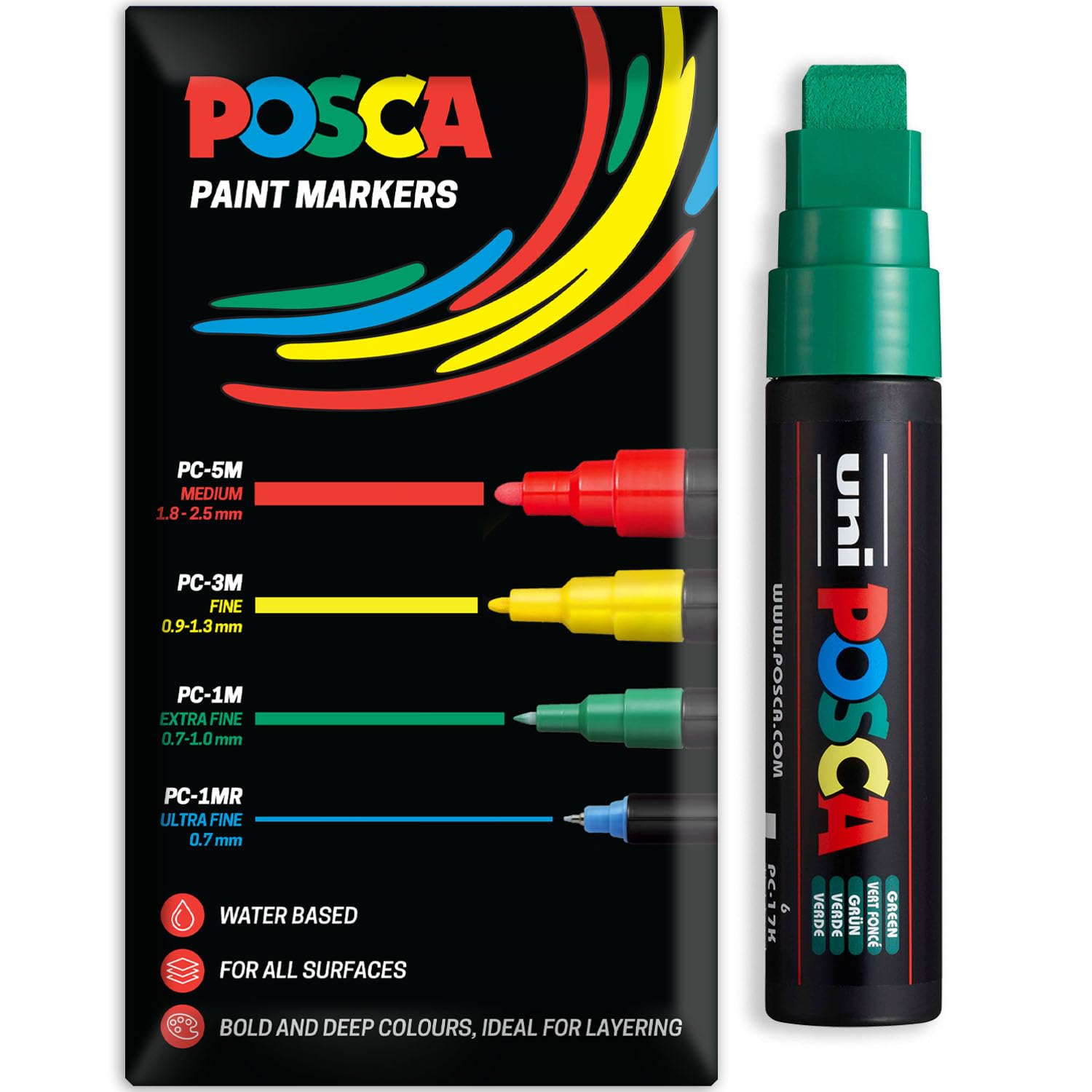 Posca Water Based Acrylic Paint Marker Pens | Multi Surface Use Permanent Paint Pen | Pack of 1 in Envelope Gift Packaging | Glass, Fabric, Wood etc | XXL Chisel Tip PC-17K, Green