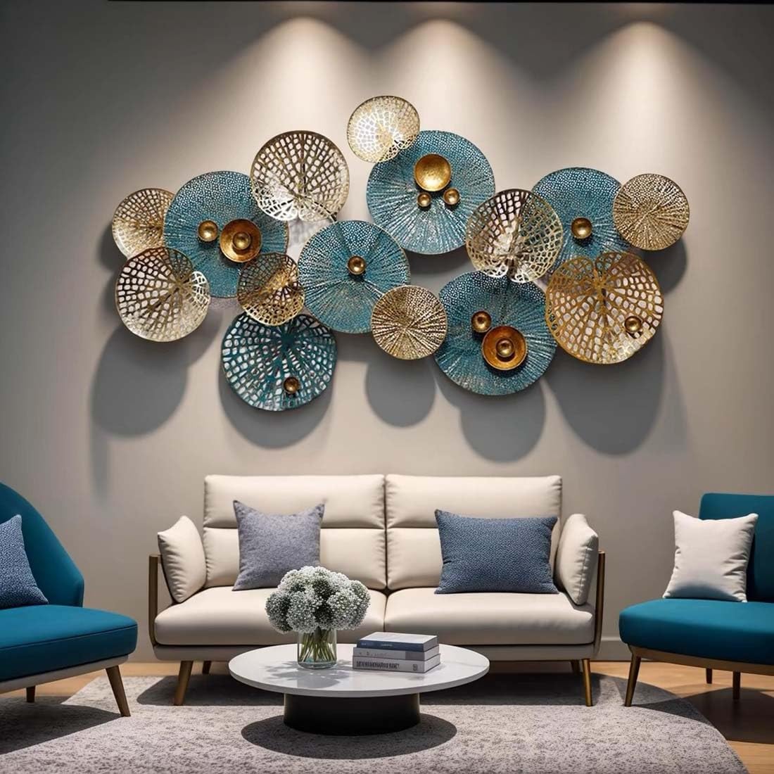 3D Metal Wall Art Modern Circle Hanging Wall Sculptures Home Decor for Living Room Bedroom Dining Room, Blue/Gold(Blue)
