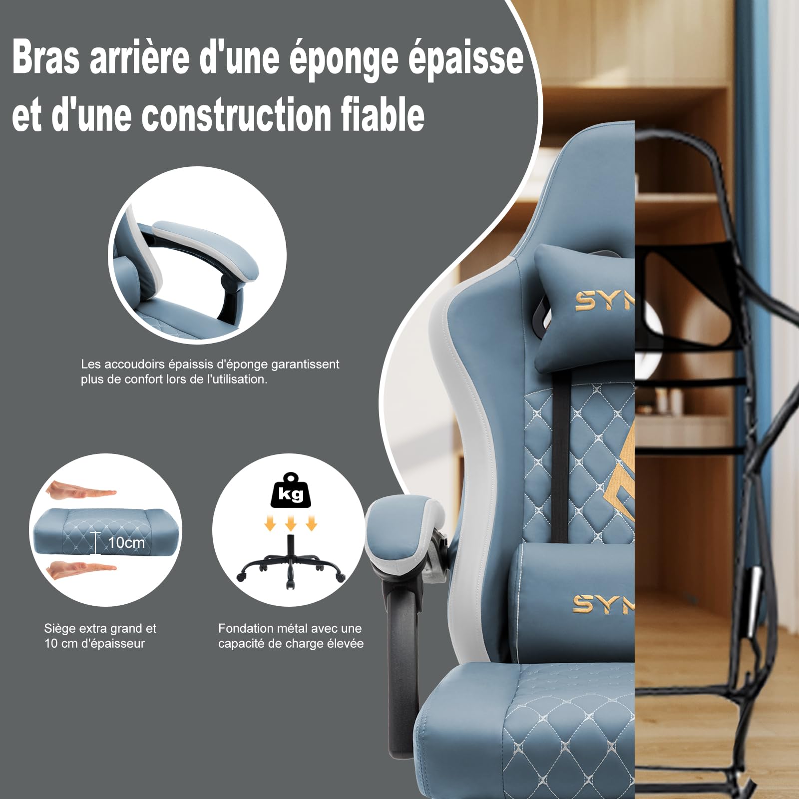 Symino Silla Gaming Ergonómica con Asiento de Espuma Alta Densidad – 150 kg, Reclinable con Soporte Lumbar, Reposabrazos Ergonómicos, Giratoria 360° para Oficina y Escritorio