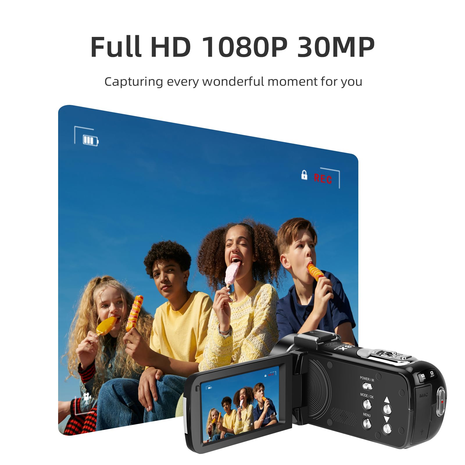 ORDRO B320 - Videocamera 1080P con scheda da 16GB, zoom digitale 18x, visione notturna, schermo touch rotante a 270°, fotocamera Full HD 1080P 30MP, 2 batterie, oro