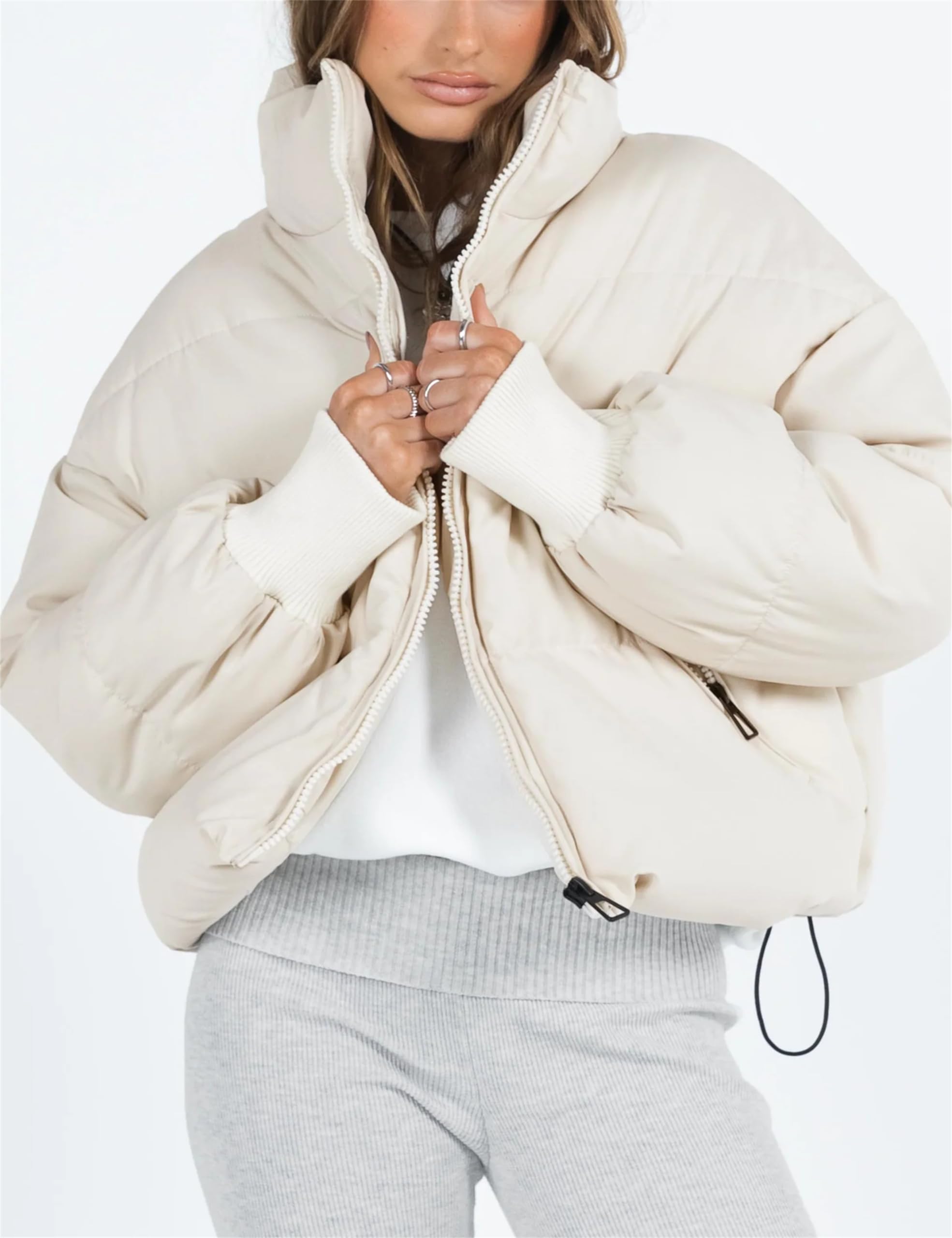 Lianlive Womens Cropped Puffer Jacket Oversized Black Short Puffy Winter Coat