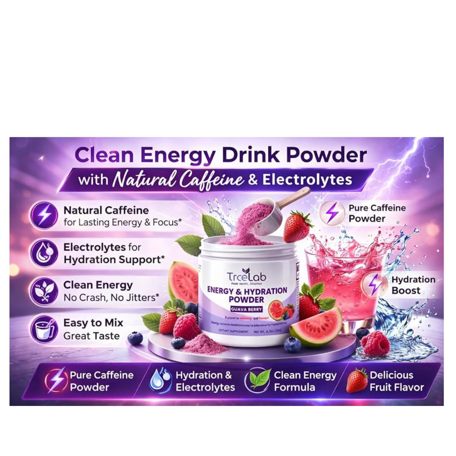 Guava Energy Powder - Natural Caffeine Powder with L-Theanine, Methylcobalamin, Folate, Niacin, Riboflavin, B6 - Clean Energy Drink Powder for Women - Pre Workout with Green Tea Extract image 5