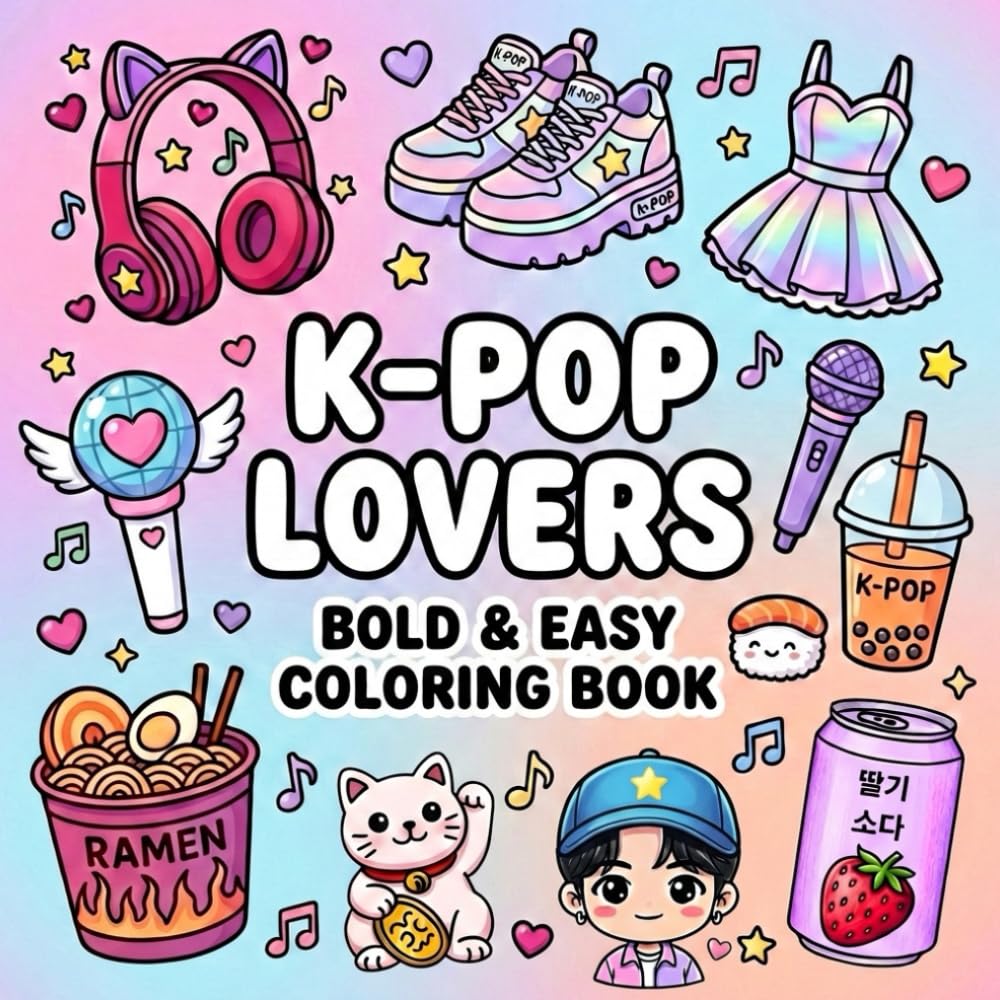 K-PoP Lovers: Bold and Easy Illustrations of Korean Pop Idols and Aesthetic Fashion | A Relaxing Large Print Coloring Book for Teens, Adults and K-Pop