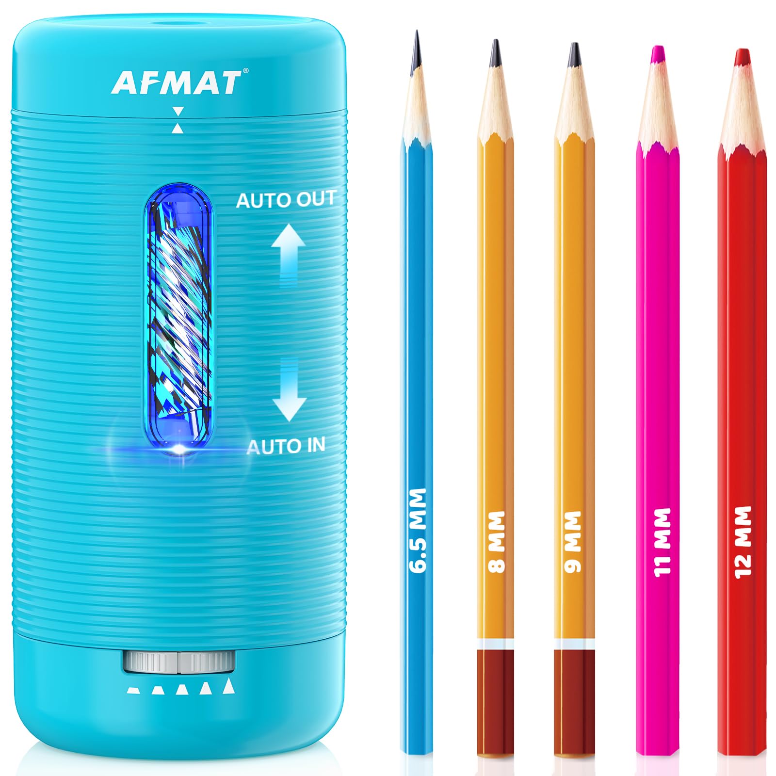 AFMAT Sacapuntas eléctrico, sacapuntas automático recargable para lápices de colores grandes de 6,5 a 12 mm, sacapuntas portátil manos libres, 5 ajustes de puntas para escuela, oficina, estudio de