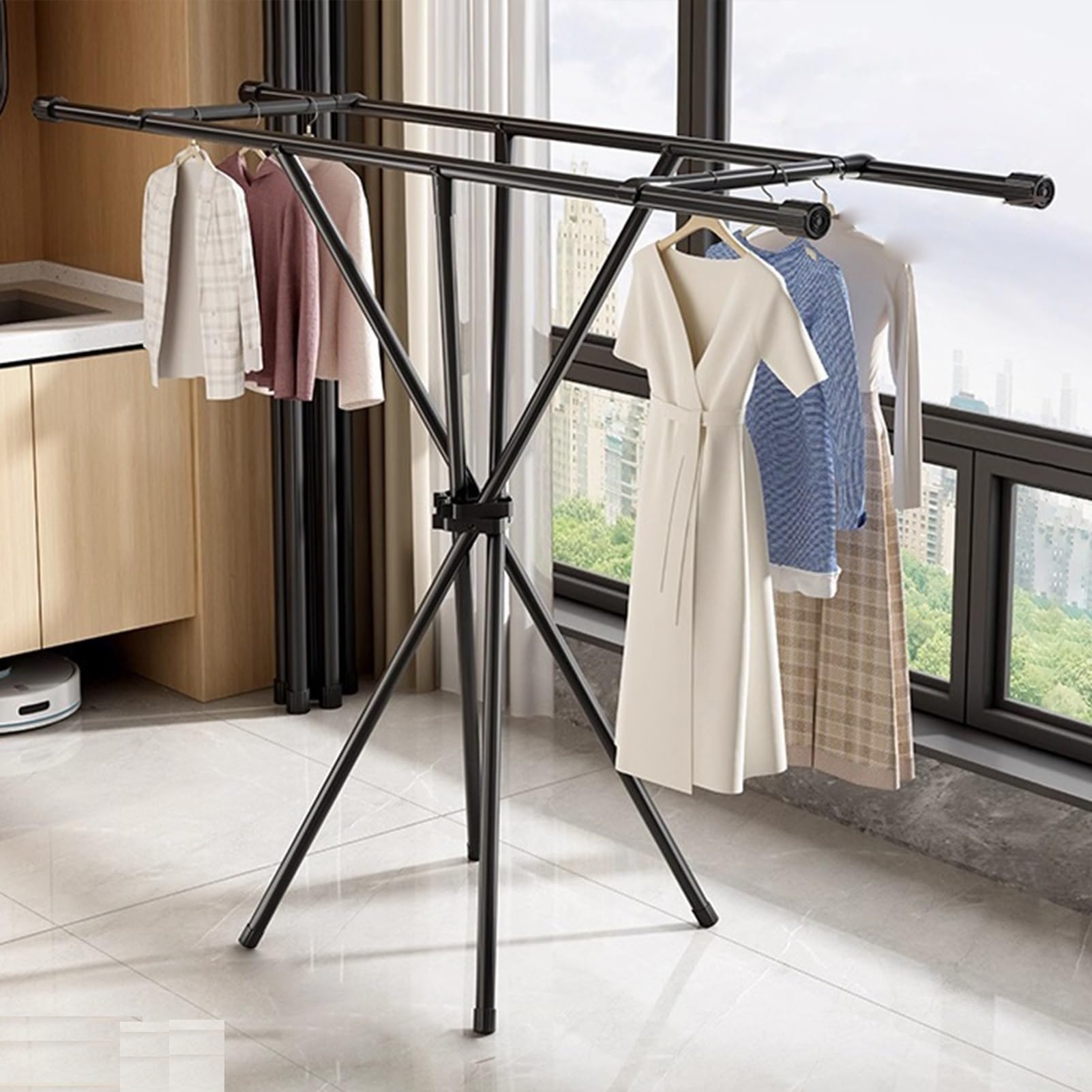 Yaohy Black Foldable Clothing Rack, Multifunctional Expandable Rack For Hanging Clothes, Space-Saving Clothes Rack For Balcony Indoor Laundry Drying(,Two Crossbeams)