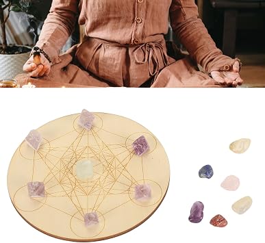 Healing Crystal Grid Board Set Composite Wood Chakra Stones for Positive Energy, Meditation, and Sleep, for Crystal Lovers (A05)