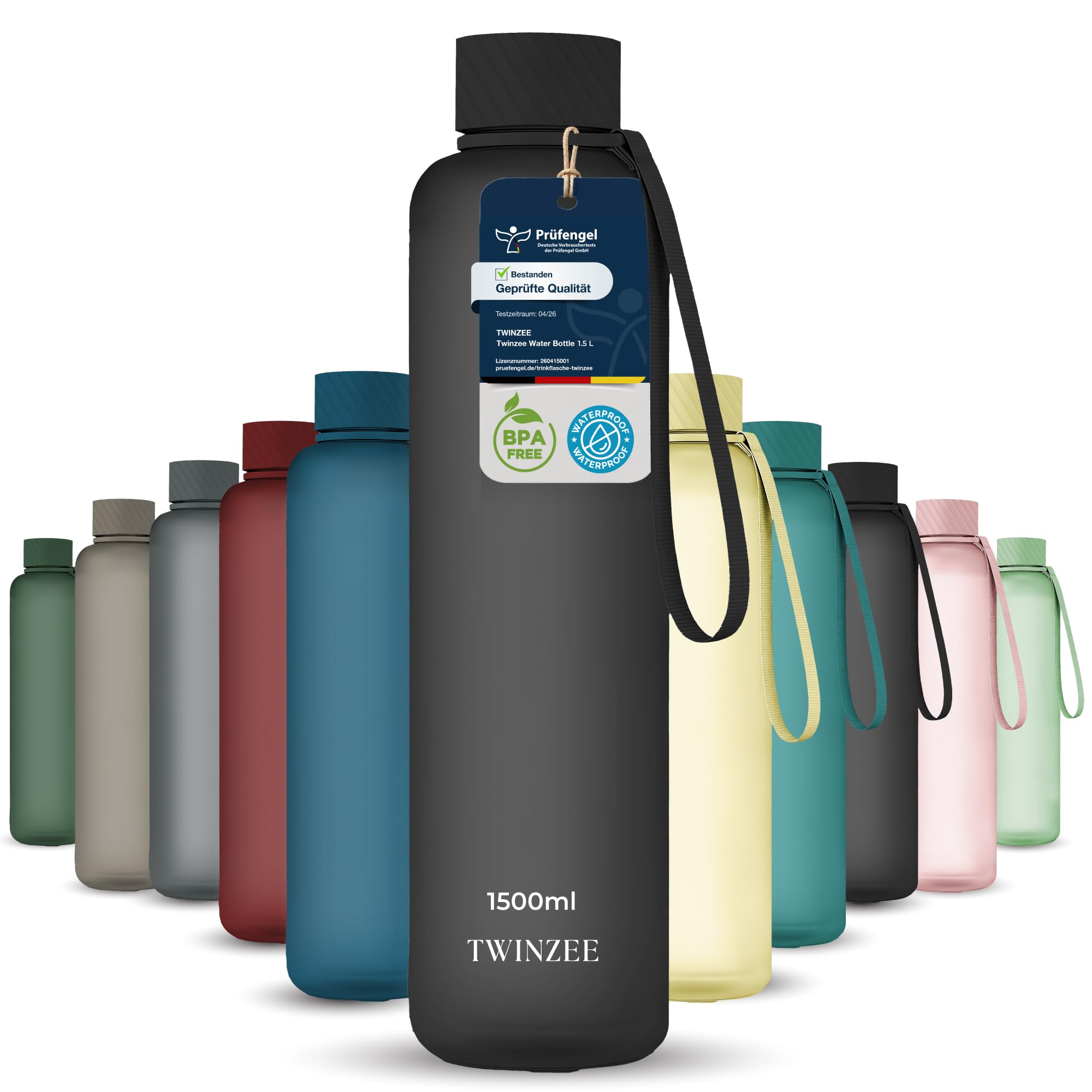 Twinzee Tritan Trinkflasche 1,5 L BPA-frei Auslaufsicher Schwarz