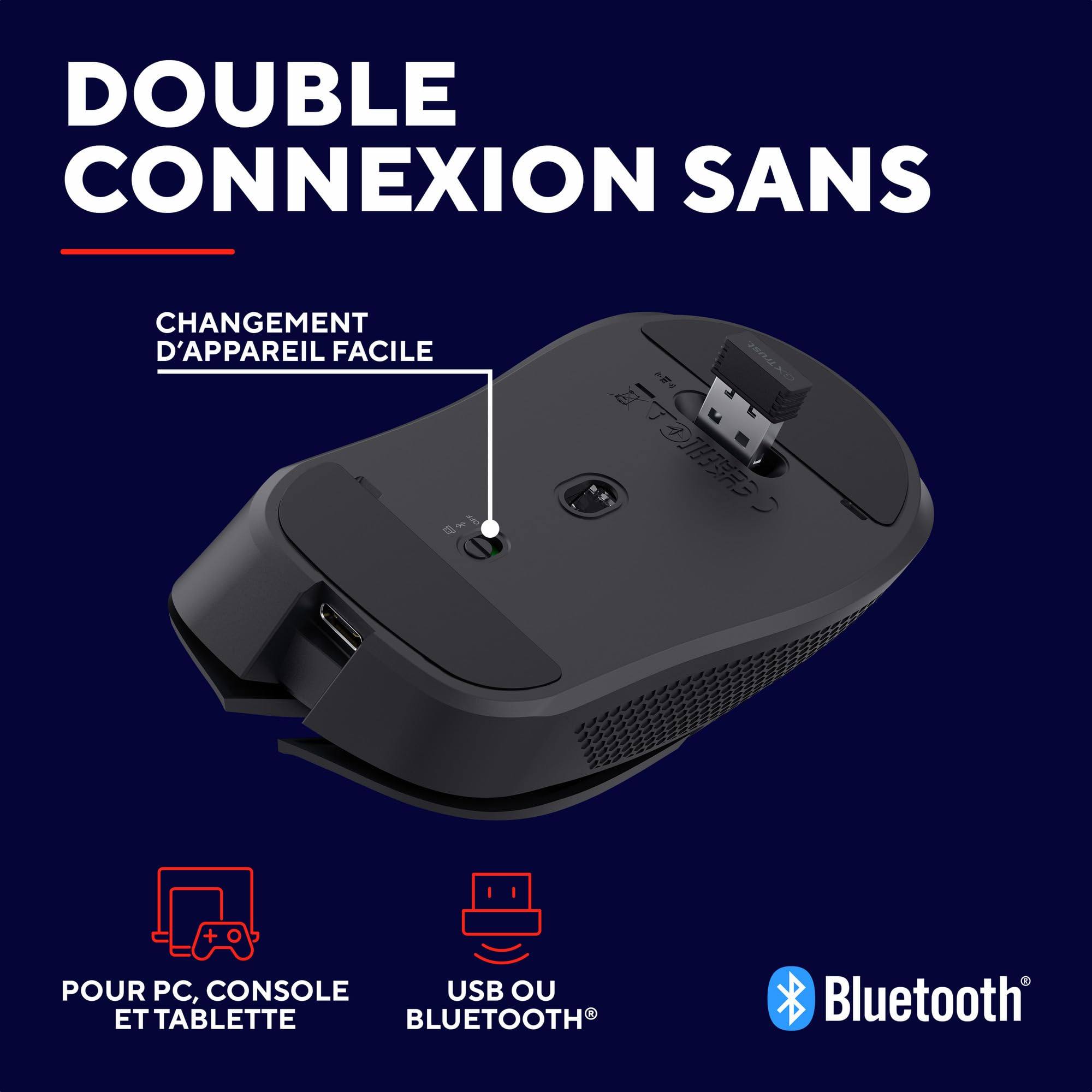 GXTrust Ybar Souris sans Fil Gamer Bluetooth + 2.4GHz Faible Latence, Noir