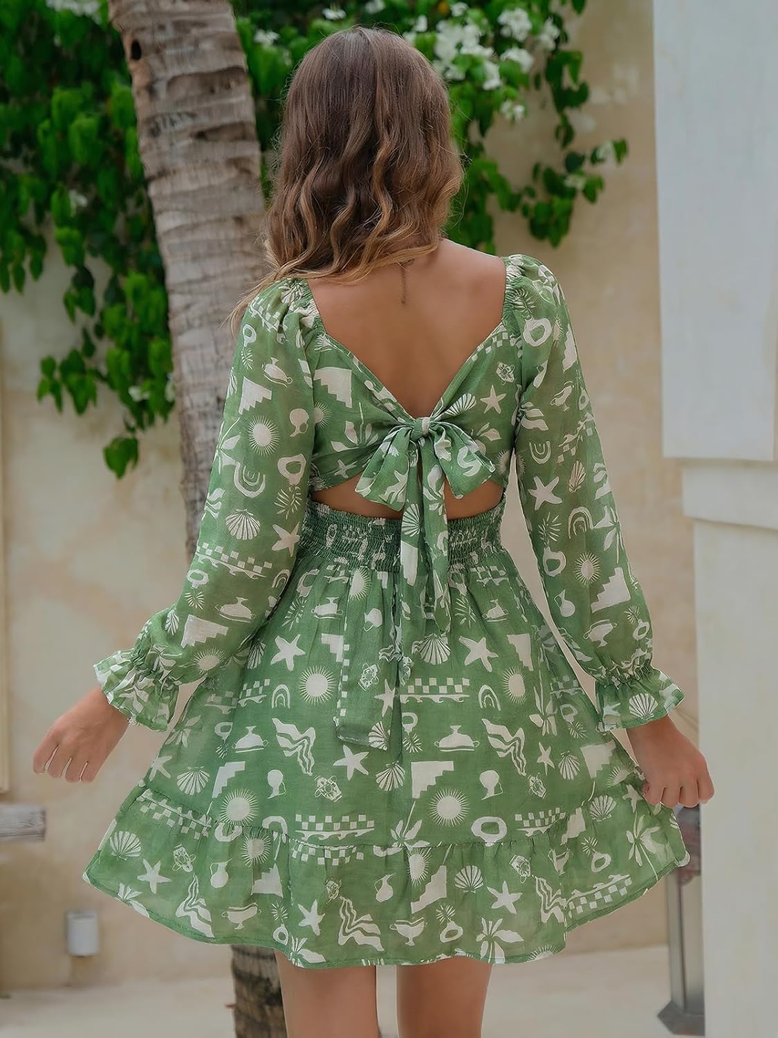 EXLURA Women's 2026 Casual Long Lantern Sleeve Dresses Square Neck Ruffle Tie Back Elastic Waist Aline Short Mini Dress - Image 5