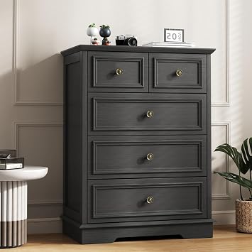5 Drawer Dresser for Bedroom, Black Wooden Dresser and Chest of Drawers with Large Storage, Vertical Dressers for Bedroom, Living Room, Hallway, Black
