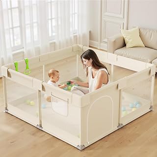 Uanlauo 47x47 Inch Beige Baby Playpen - Safe Indoor Play Yard with Breathable Mesh, Pull-Up Rings, Storage Pockets for Babies & Toddlers