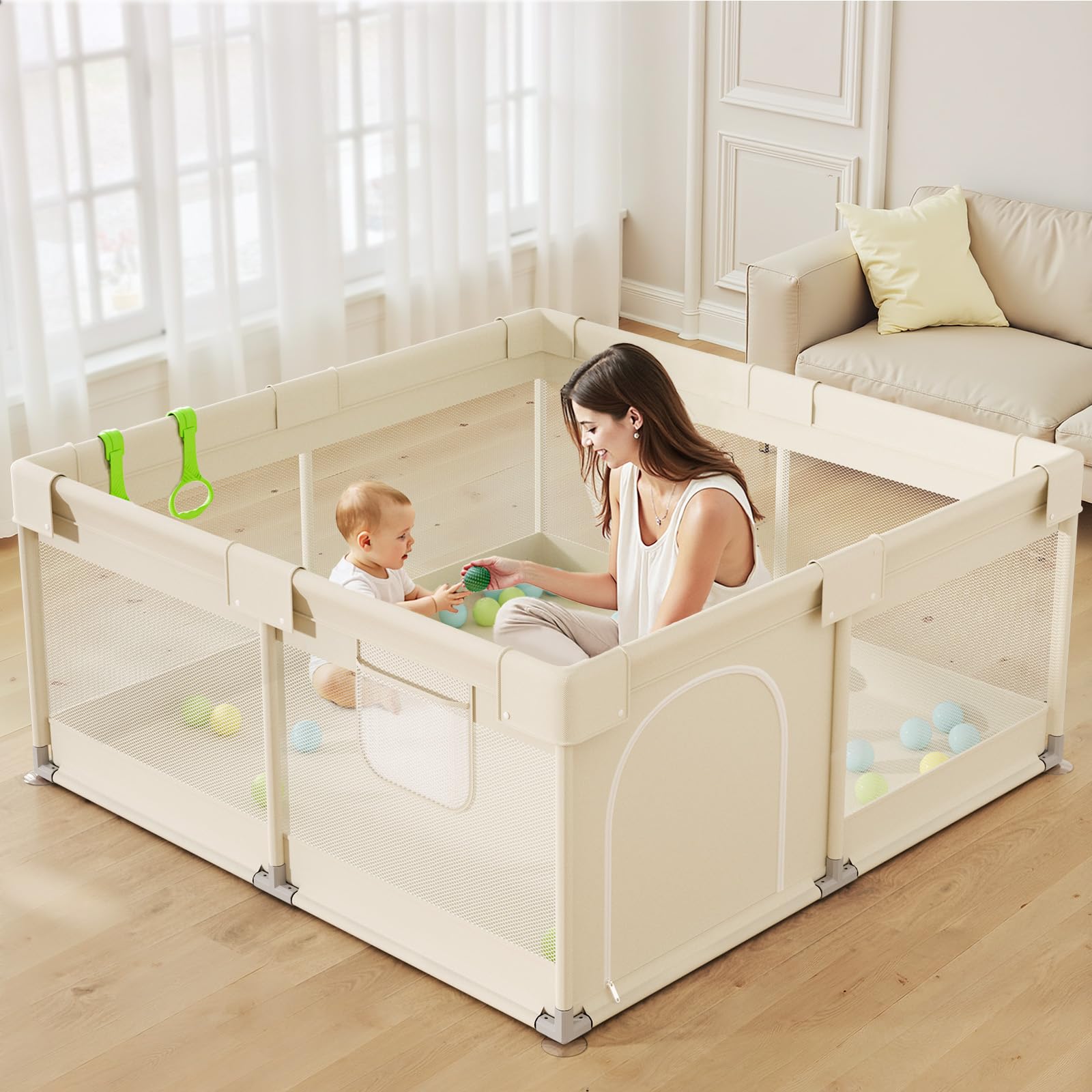 Uanlauo Beige Small Baby Playpen - 47x47in Playpen for Babies and Toddlers Safe Indoor Play Pen Baby Pen
