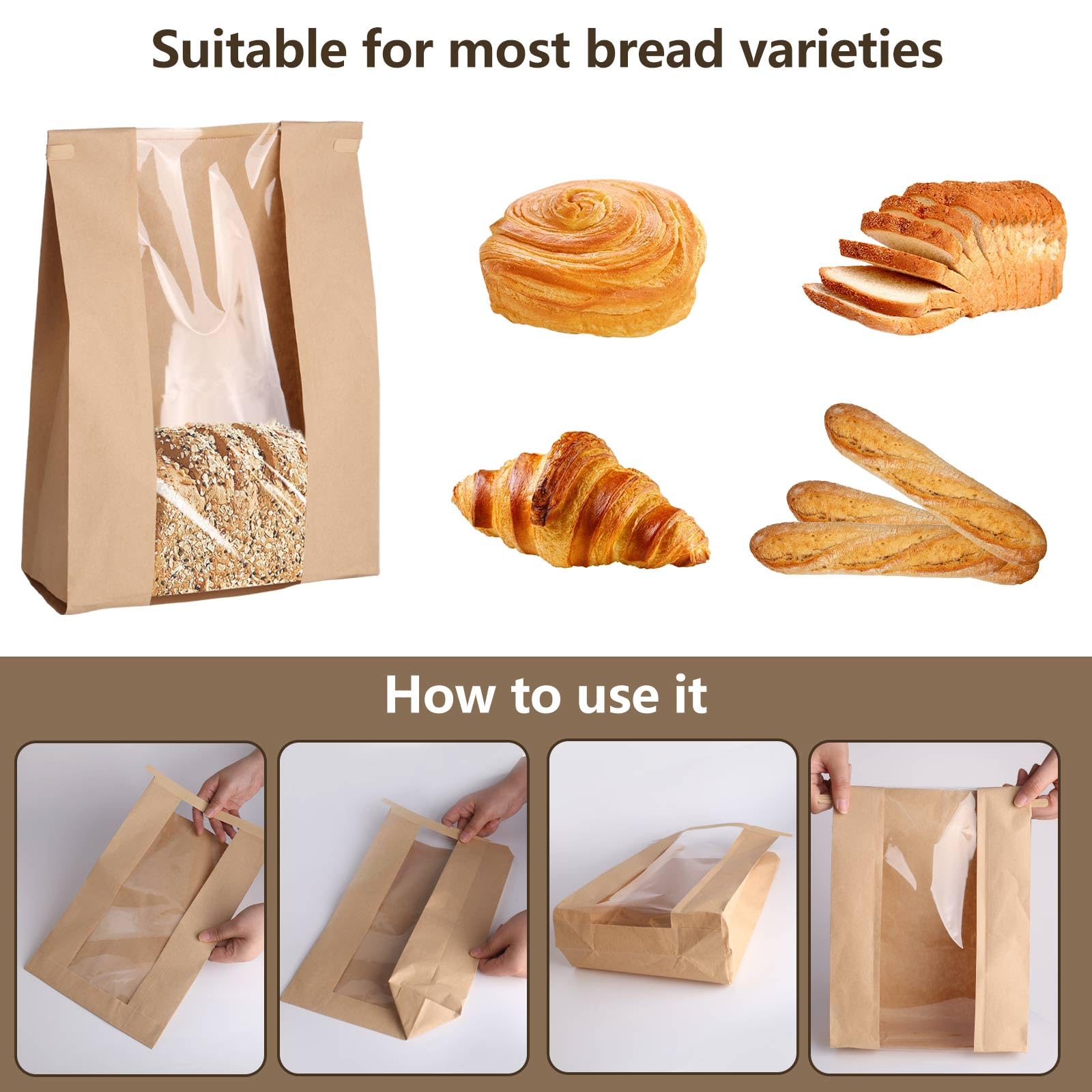 MAQIHAN Brottüten 50 Stück - Braune Papiertüten Mit Fenster 21x9x31cm