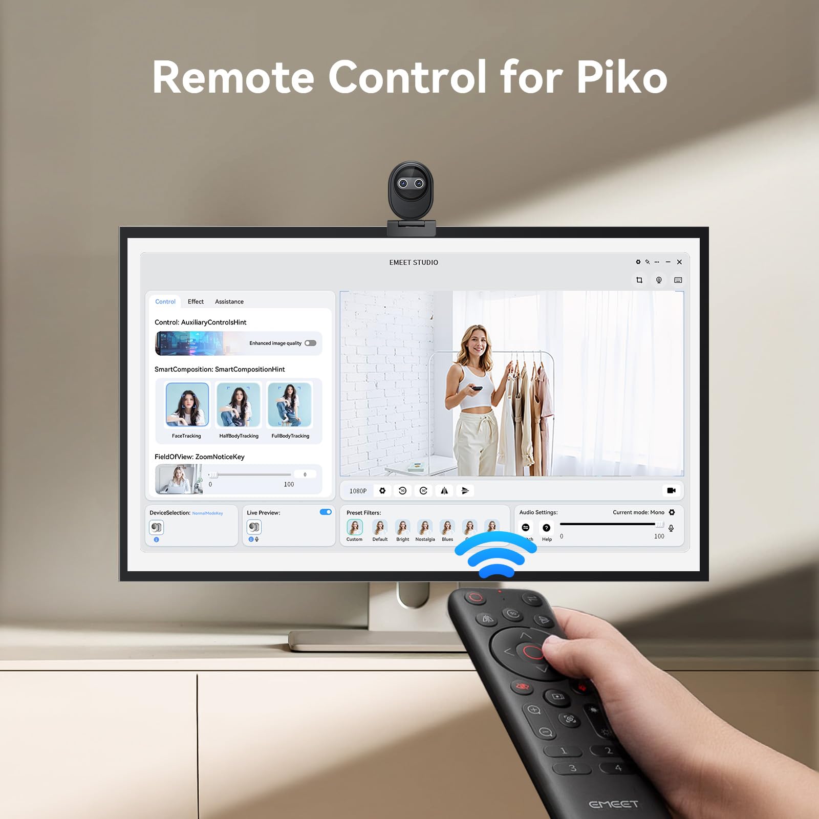 User operating EMEET Piko webcam with remote control during a streaming session.