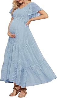 Swiss Dot Smocked Maternity Dress for Baby Shower Photoshoot Casual V Neck Ruffle Sleeve Empire Waist Tiered Boho Dress - Buy now