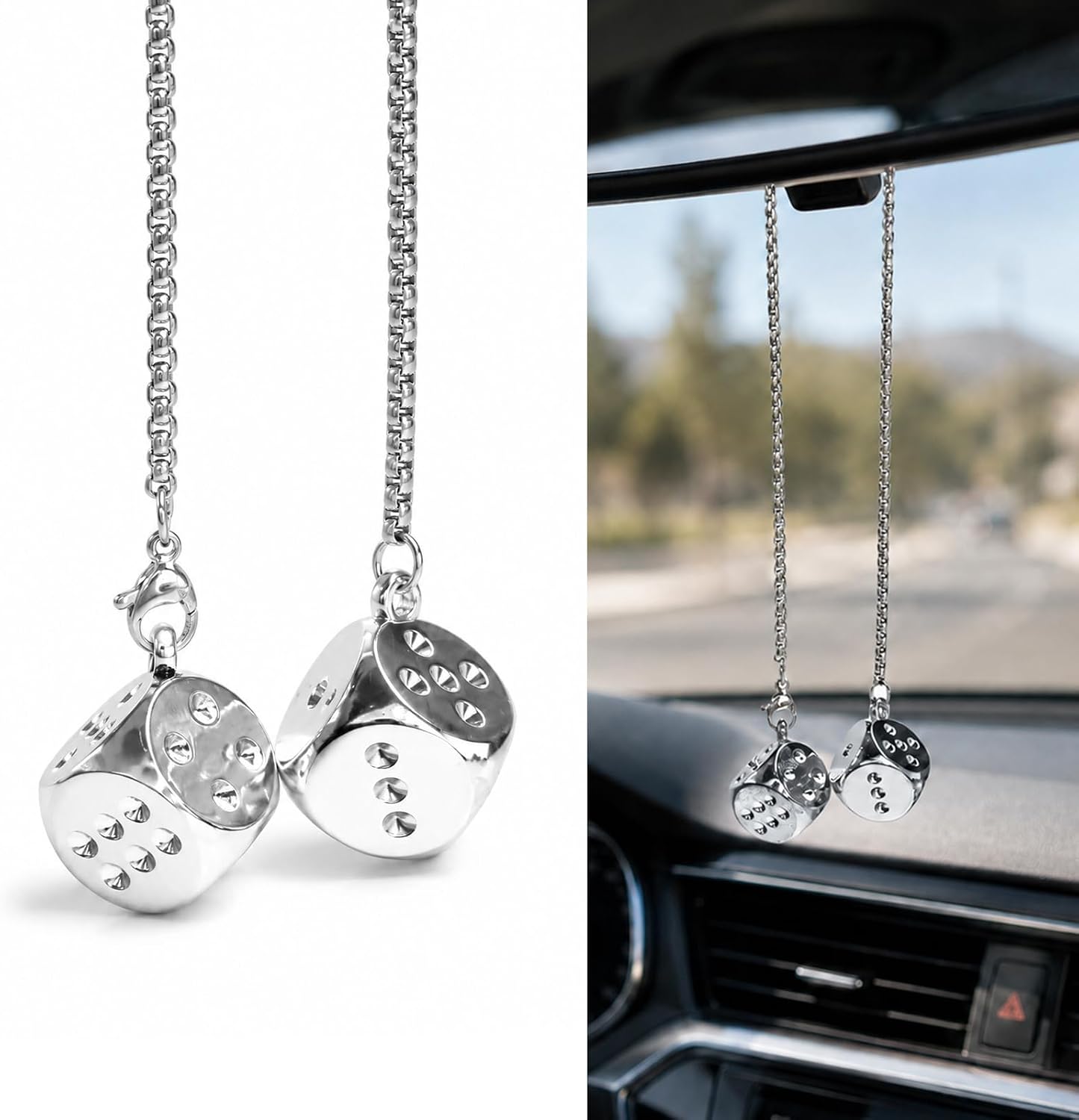 Creative Hanging Dice with Dots, Rearview Mirror Dice Pendant Car Interior Charm, Stylish Anti-Rust Metal Mirror Hanging Ornament for Most Sedans Trucks SUVs, Car Accessories (Silver)