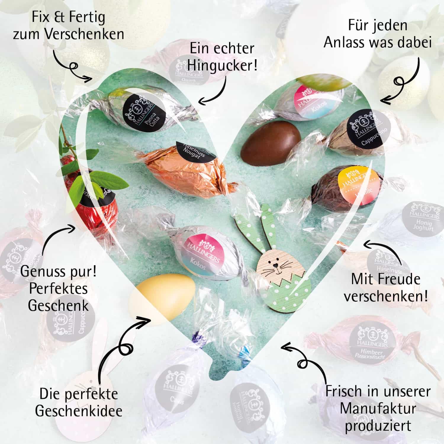Hallingers Genuss Manufaktur Feinkost Oster-Geschenk-Set - XXL-Geschenkkorb "Easter Box green" großes Osternest mit 60 Pralinen-Ostereiern mit & ohne Alkohol, Ostern Körbchen für Frauen Männer