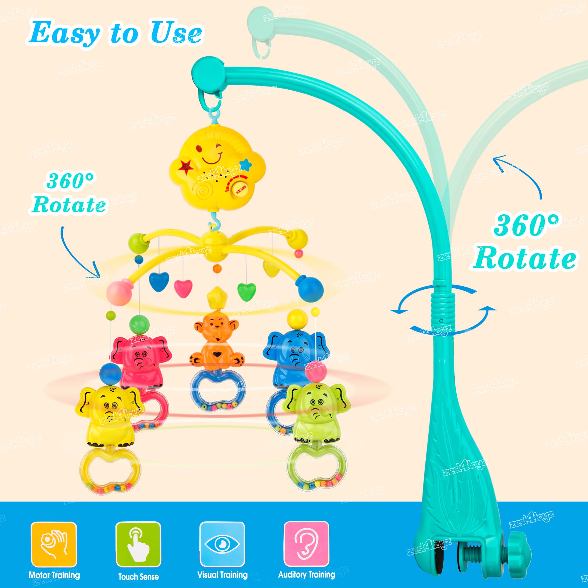 Zest 4 Toyz Musical Animal Cot Mobile Rotating Bell Hanging Toys Cot Musical & Light Rattle for Kids Cot Mobile for Cradle for Baby Jhoomer for Kids Bed - Image 2 thumbnail