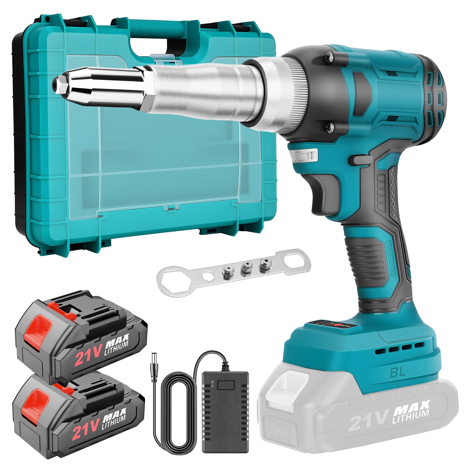Pistola Remachadora a Batería Compatible con Maa-kita 21V Batería con 2 Baterías, Remachadora Electrica de 20,000N, Remachadora Automática Para Remaches de Aluminio de 2,4-4,8 mm