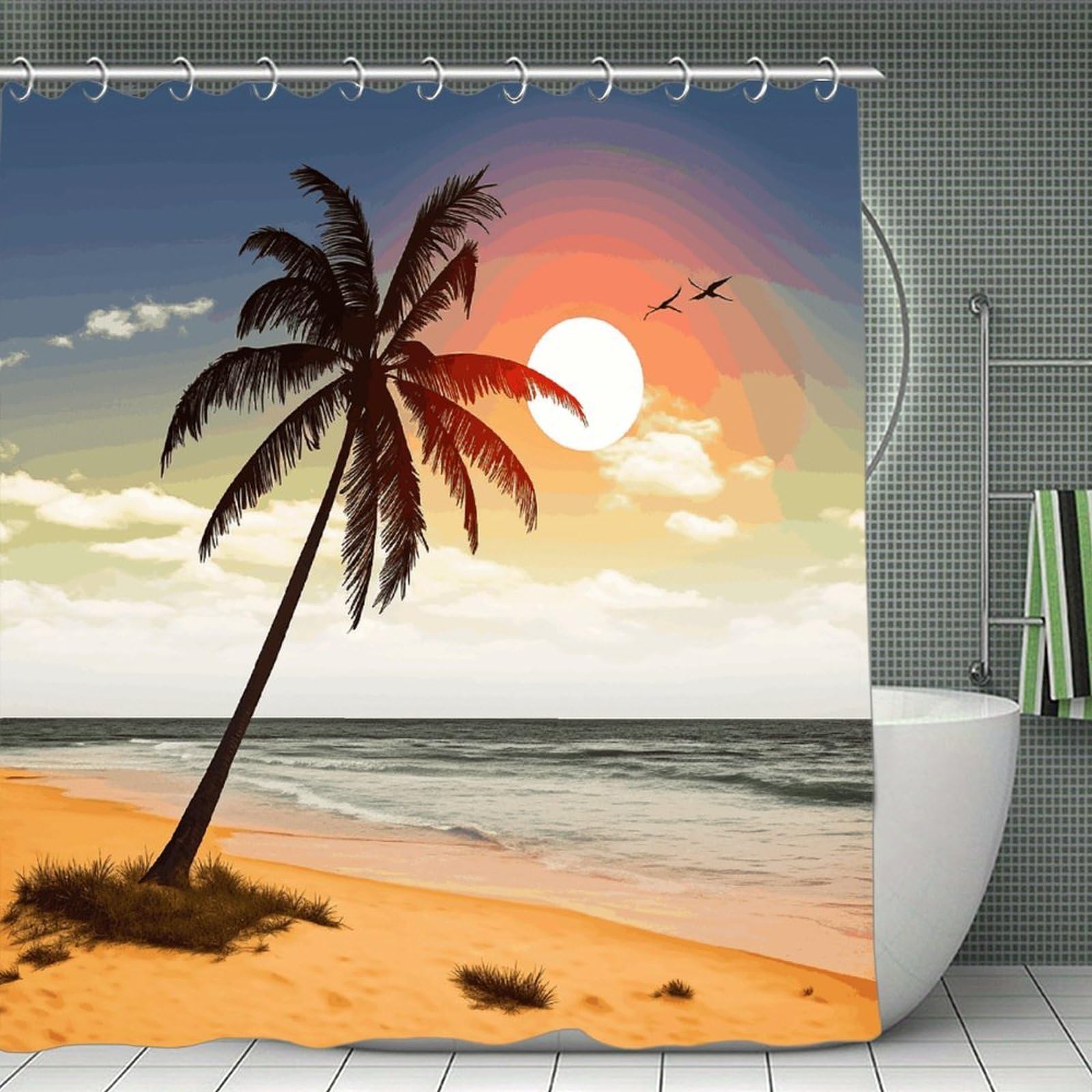 VstaDank Palm Tree on Beach Shower Curtain Waterproof Bathroom Curtain with Hooks Luxury Weighted Bath Curtains for Bathtubs Showers Room Dividers Decorative Shower Curtains 71x71 in