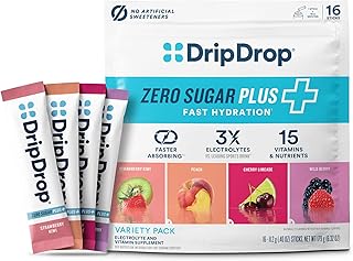 DripDrop Zero Sugar Plus - Sugar Free Hydration Packets - Single Serve Electrolytes Powder Drink Mix - Strawberry Kiwi, Peach, Cherry Limeade, Wild Berry - Non-GMO, Vegan - 16 Sticks