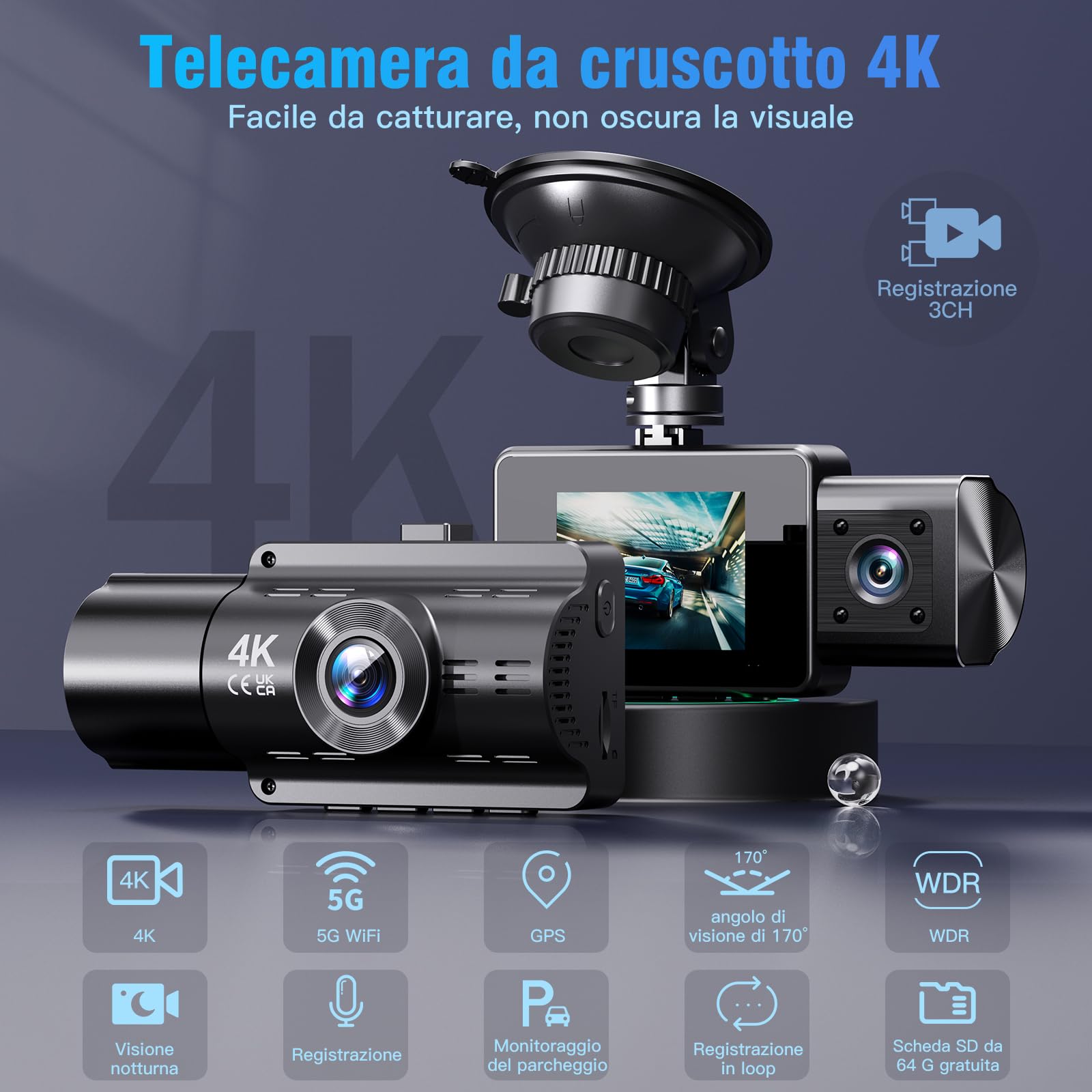 Dash Cam Auto 360 Gradi - 4 Telecamere 1080P, WiFi, Parcheggio 24h, 128 GB - Foto 2