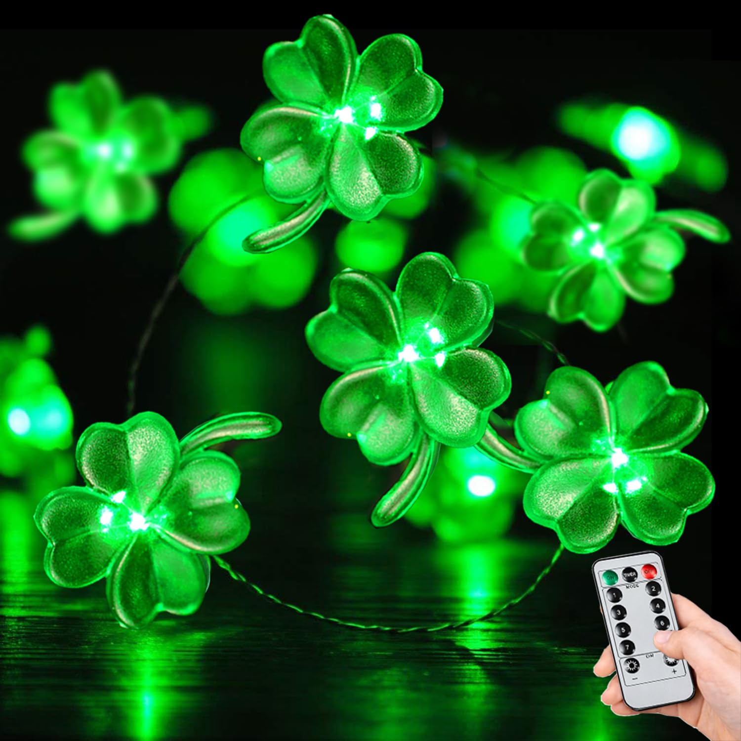 BOHON St Patricks Day Decorations Shamrocks String Lights Battery Operated with Remote 10 ft 40 LEDs Lucky Clover Green Lights for Bedroom Party Feast of Saint St. Patrick's Day Decoration