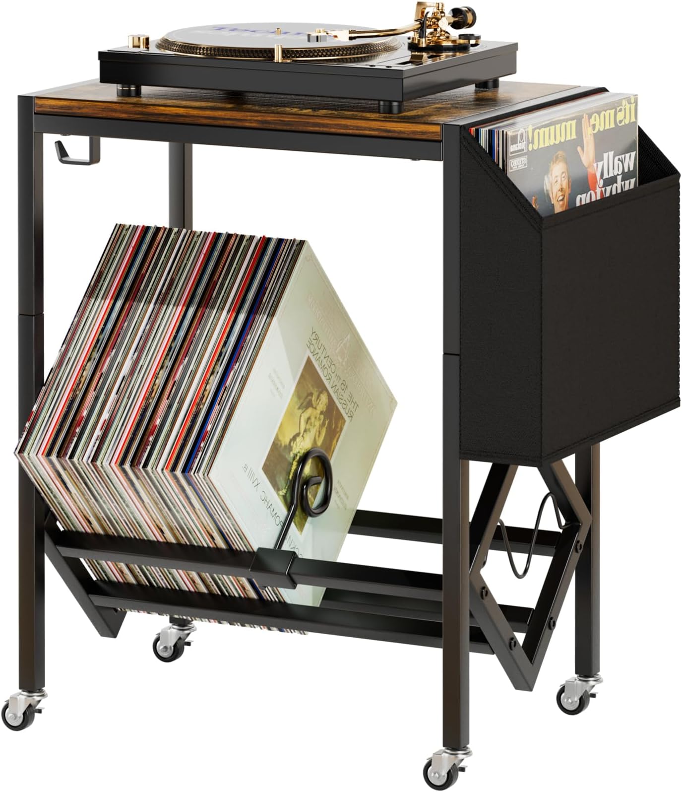 EKNITEY Vinyl Record Player Stand - Record Player Table with Storage Hold 80 Albums Turntable Stand with Organizer Pocket and Wheels