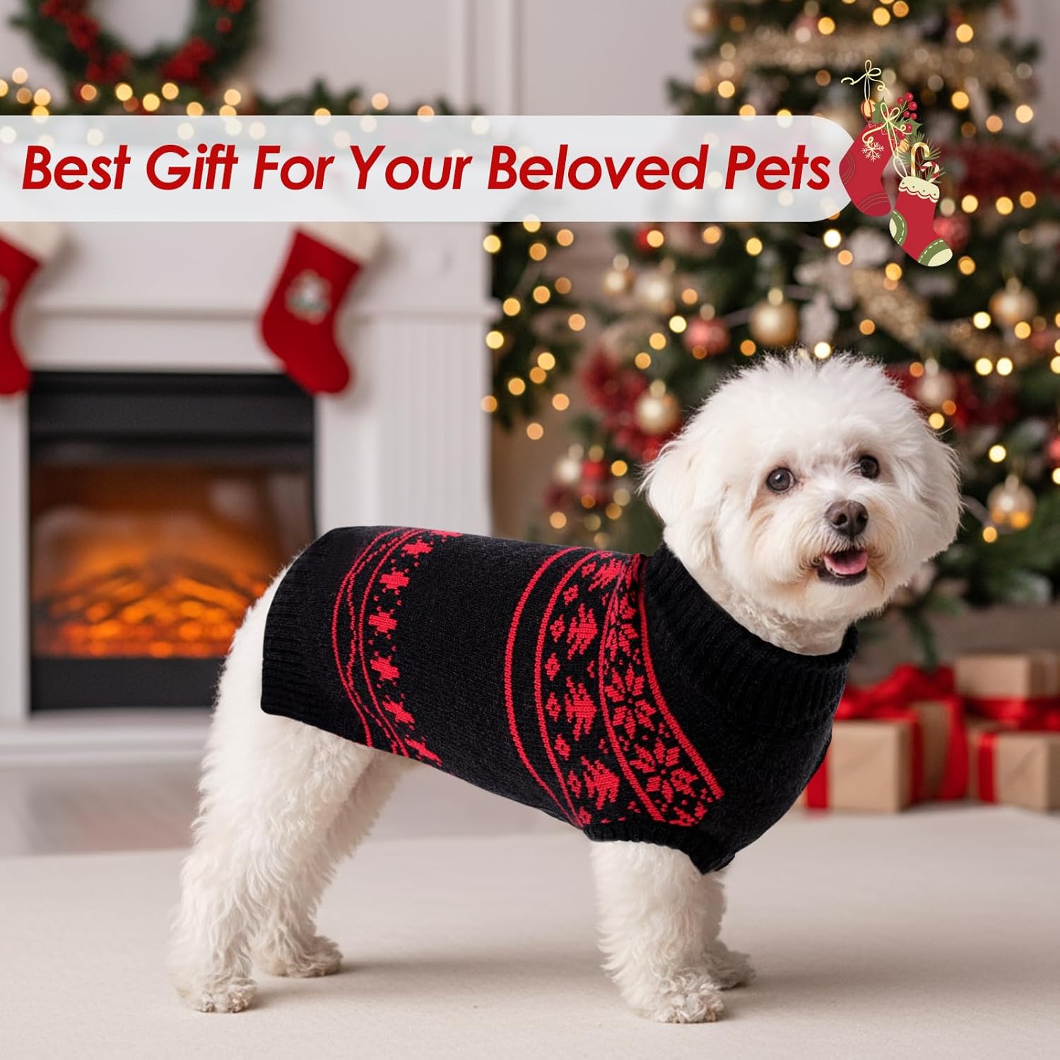 SAWMONG Dog Christmas Sweater, Cable Knit Christmas Pet Sweater, Snowflake Pattern Thick Warm Winter Dog Sweaters, Pet Sweaters for Small Medium Large Dogs(Black, M)