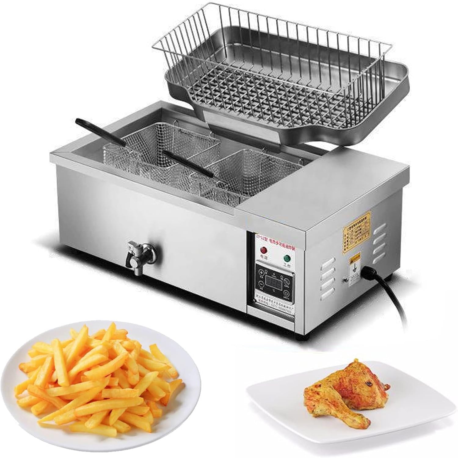 Commercial Electric Deep Fat Fryer 3000W 12L Single Tank Stainless Steel Chip Fryer Countertop Kitchen Frying Machine with Baskets,Lids A,B