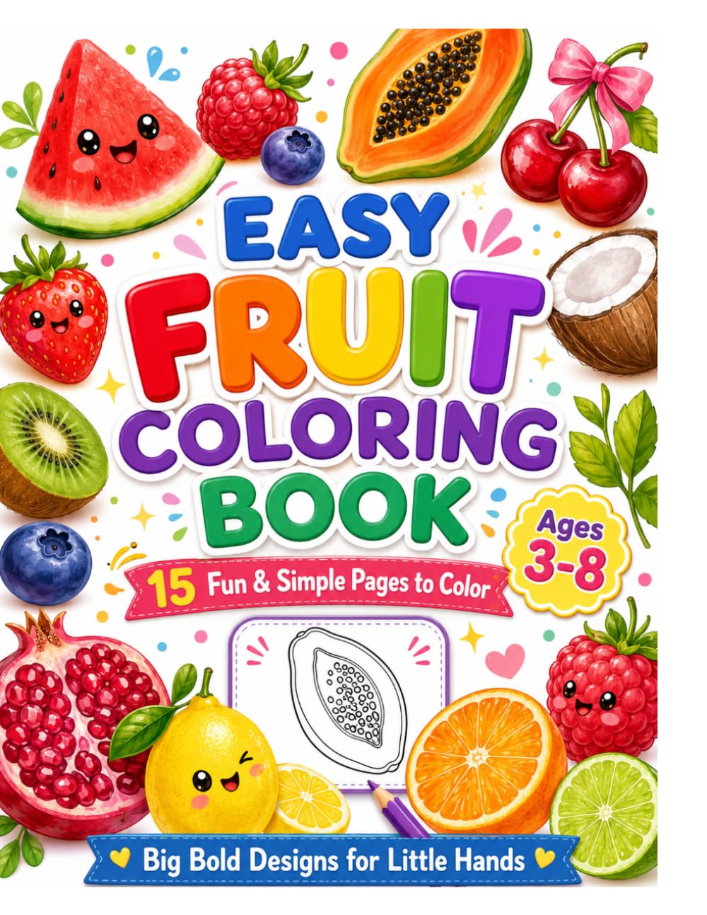 Easy Fruit Coloring Book for Kids Ages 3-8: 15 Fun & Simple Fruit Coloring Pages with Big Bold Designs for Toddlers, Preschoolers, Kindergarteners, and Young Children