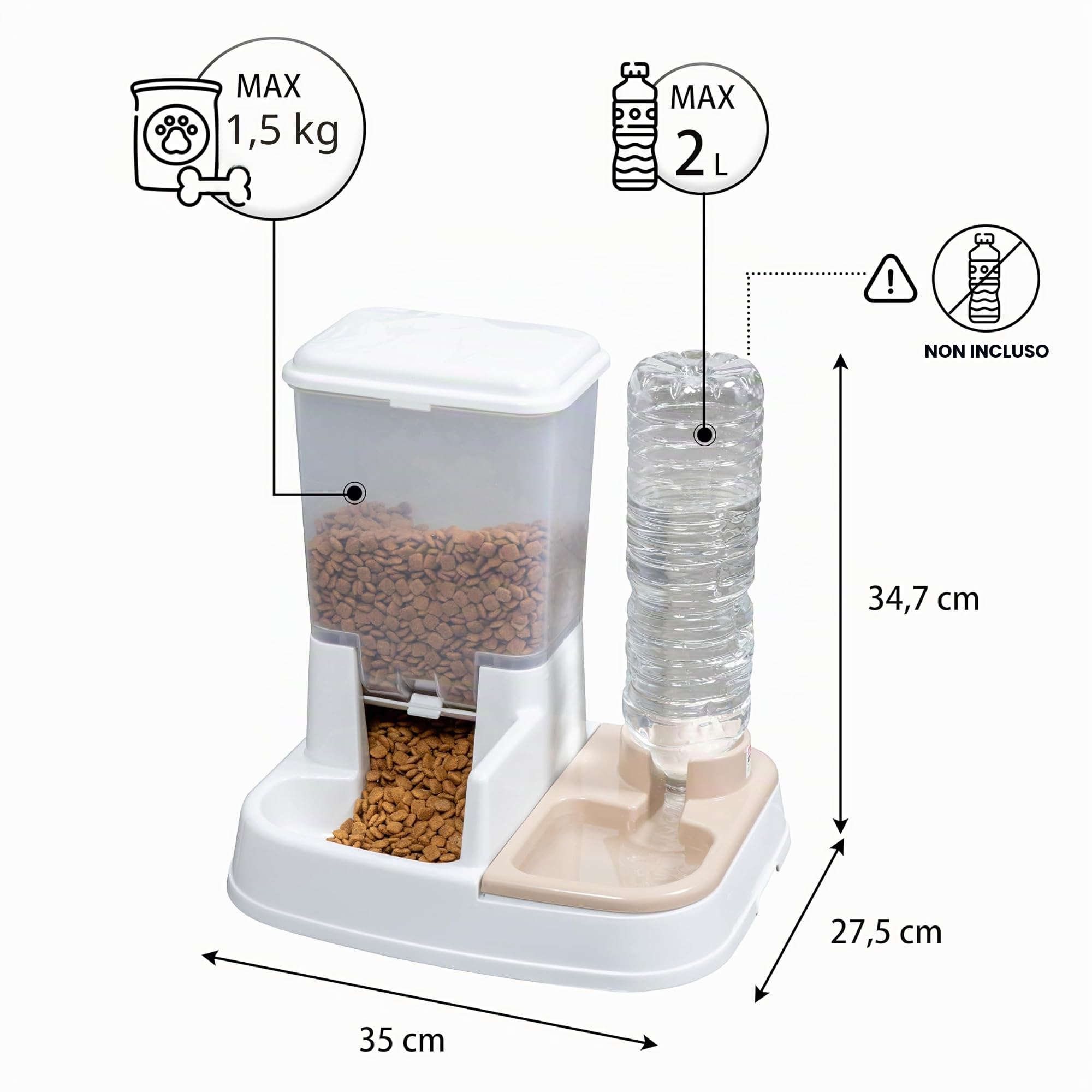 Iris Ohyama, Dosatore acqua (2 L) e cibo (1.5 kg) regolatore di approvvigionamento idrico, portello regolazione crocchette, coperchio asportabile per cane e gatto - Pet Food Feeder JQ-350, Bianca