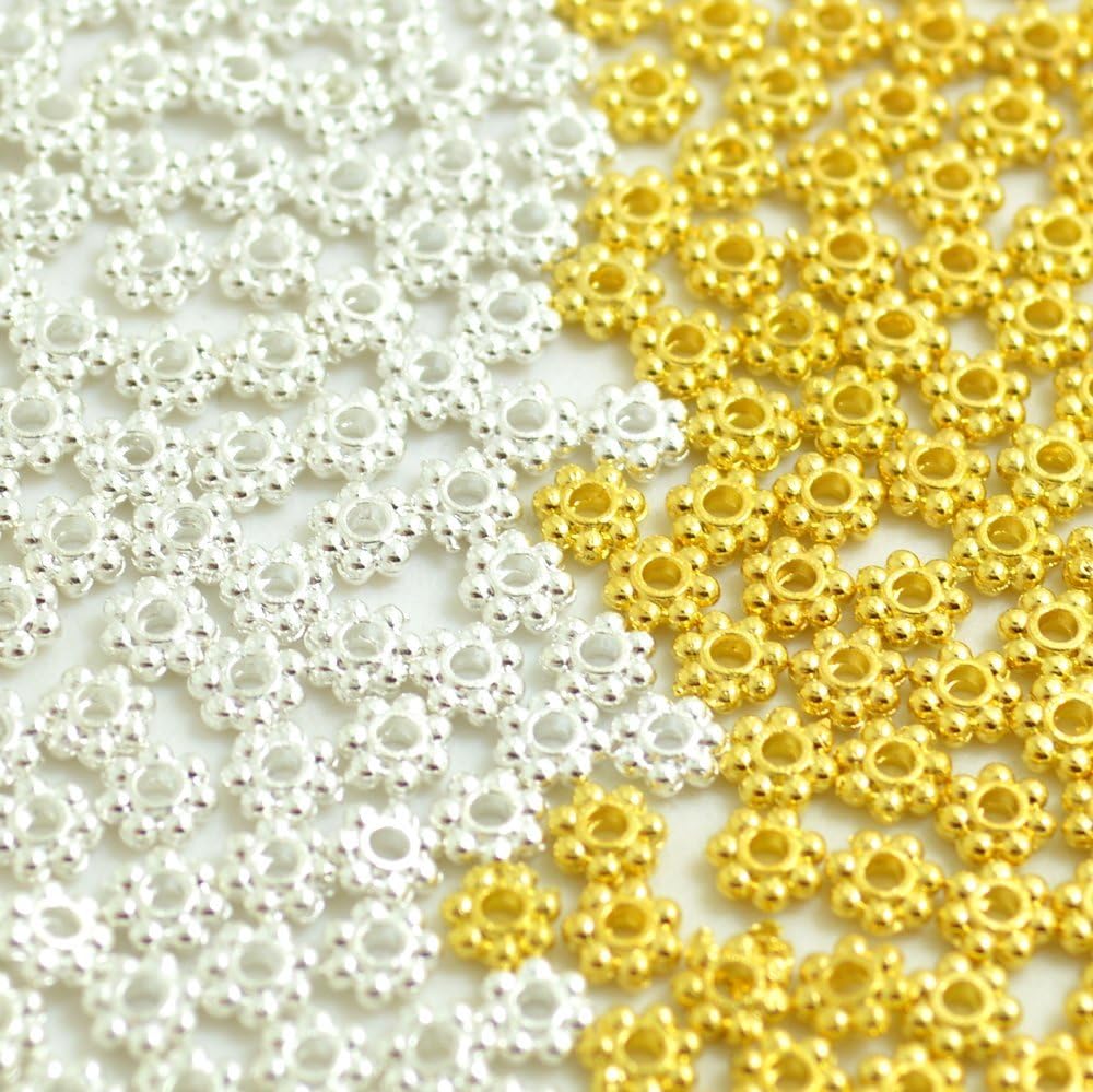 BronaGrand 500pcs Metal Daisy Spacer Beads 4mm for DIY Jewelry Making,Gold and Silver