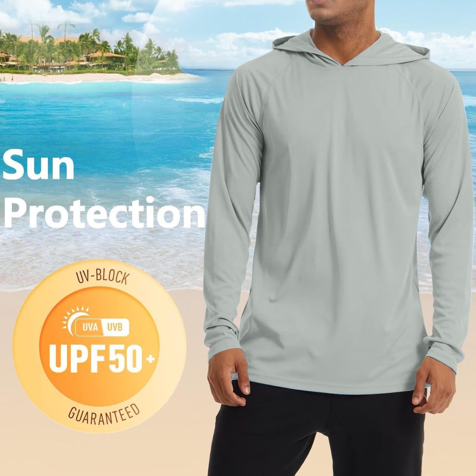 Rashguard Sweat à capuche à manches longues pour homme - T-shirt à manches longues Rashguard - Séchage rapide - Protection solaire - Respirant - Protection UV - UPF 50+