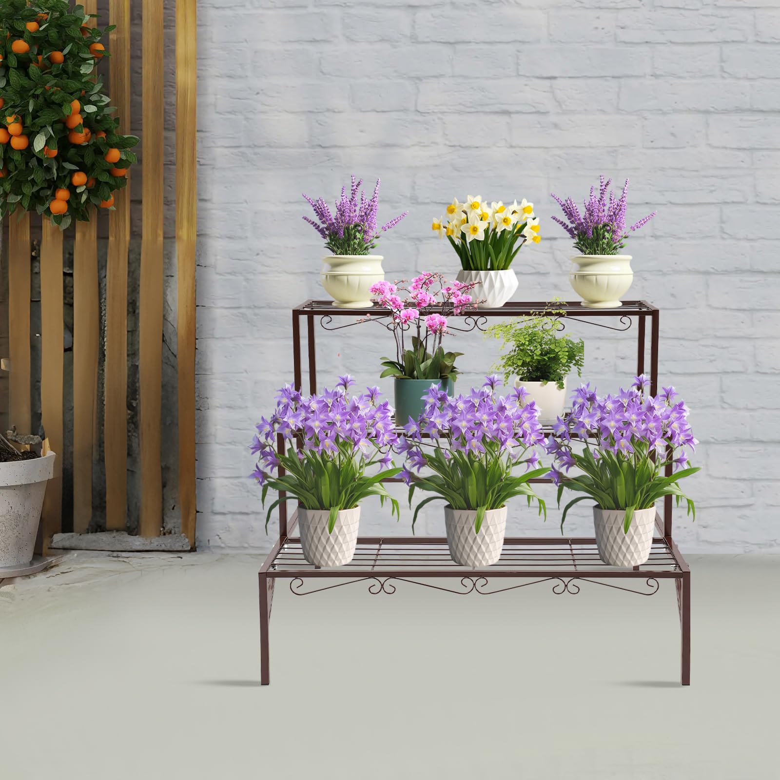 3-stufiger Metall Blumentreppe Pflanzenständer Freistehender Pflanzenstän 70x58x60cm, 20kg pro Etage für Garten, Balkon und Indoor Outdoor (Bronze)