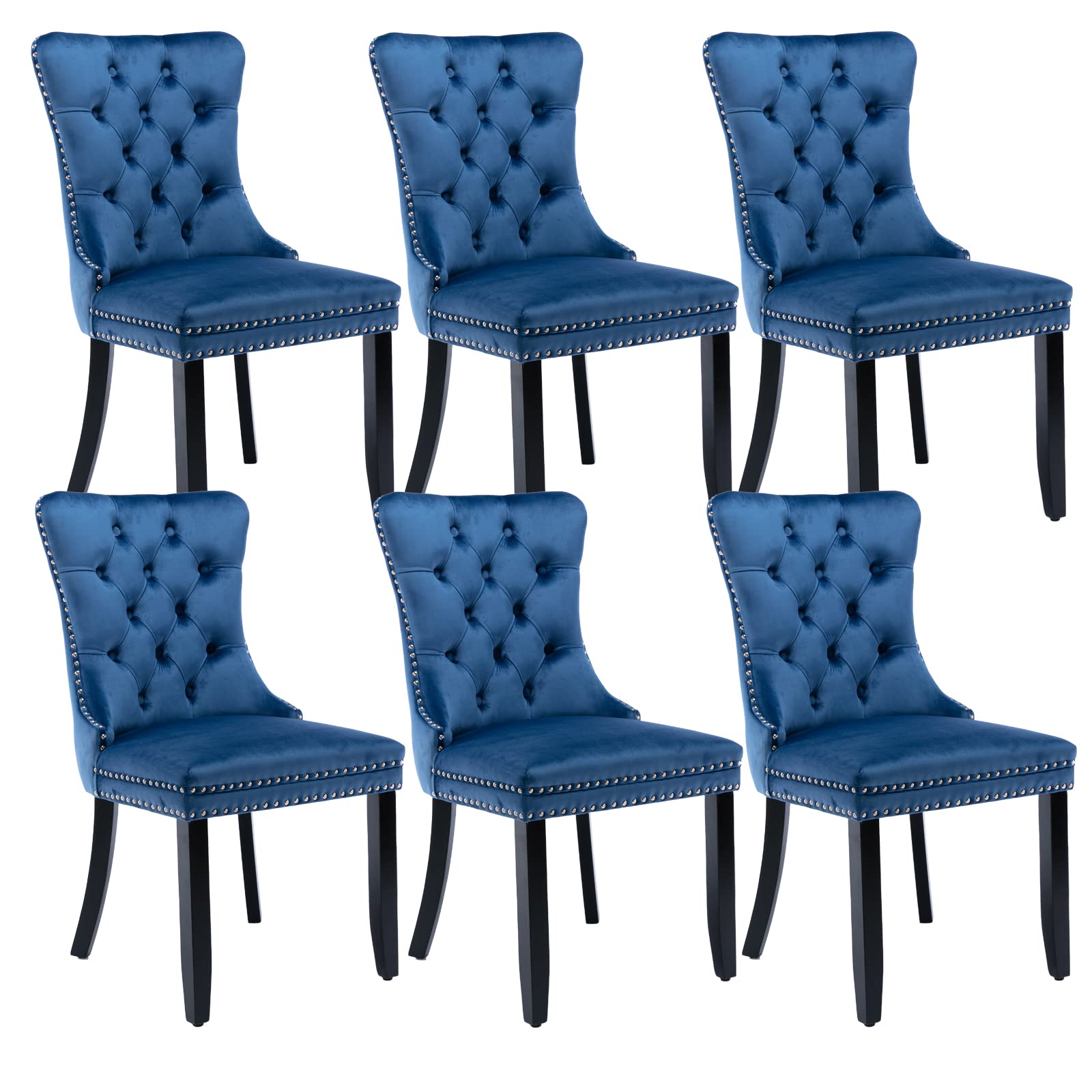 Shenyon Upholstered Dining Chairs Set of 6, Velvet Dining Room Chairs with Back Ring Pull Trim and Solid Wood Legs, Tufted Wingback Kitchen Chair