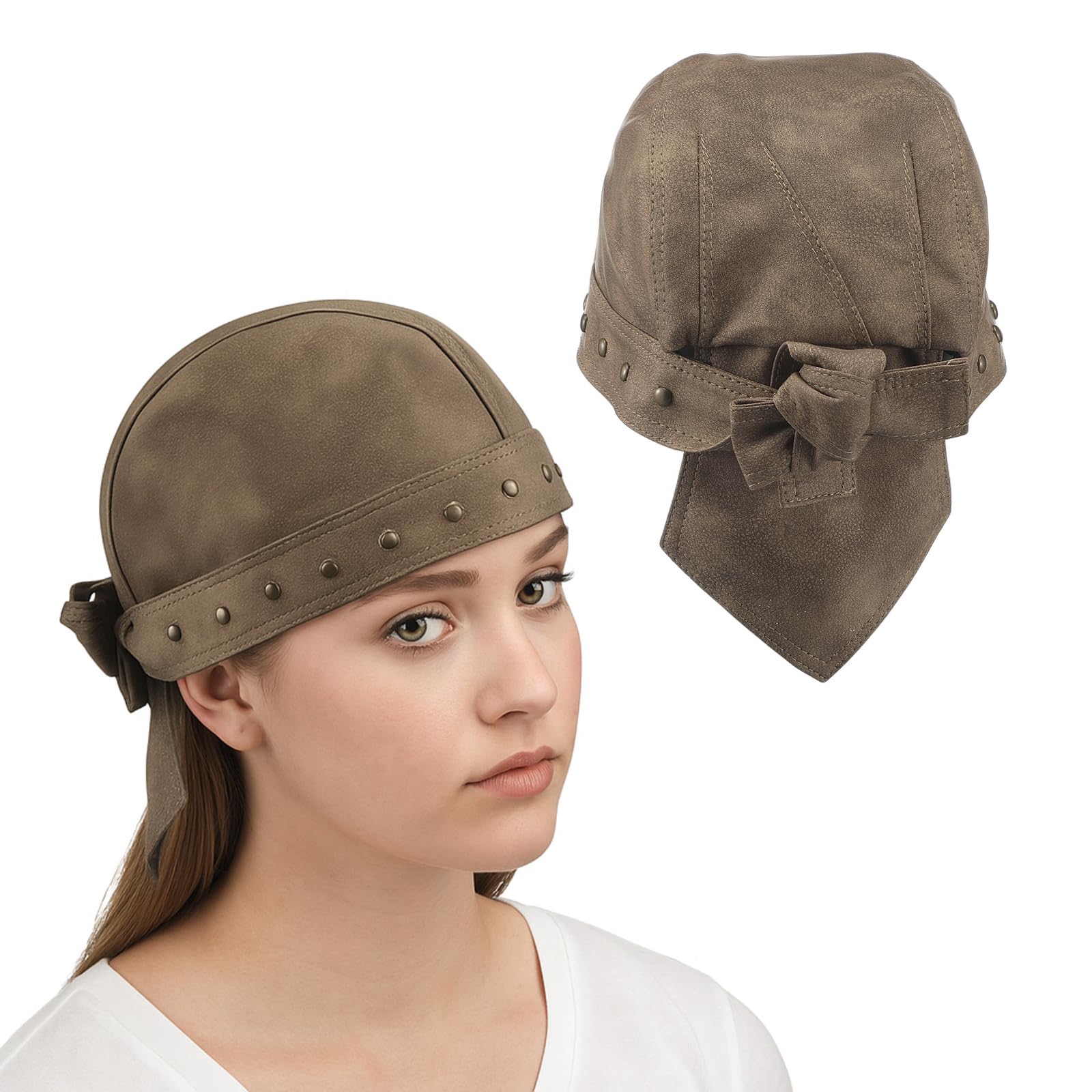 Mepase Distressed Brown Studs Motorcycle Leather Cap Unisex Cycling Bandana Doo Rags Adjustable Skull Cap Leather Skull Caps