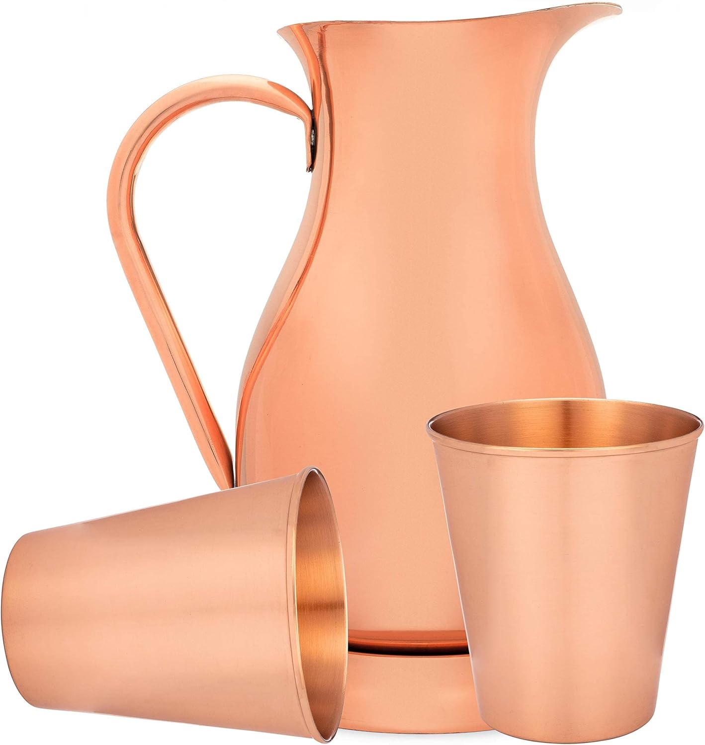 Pure Copper Pitcher (70 oz, 2 Liter) Handcrafted with Lid & Set of 2 Incredible Drinking Tumblers in Timeless Smooth Finish, Raw Interior for For Ayurveda Health