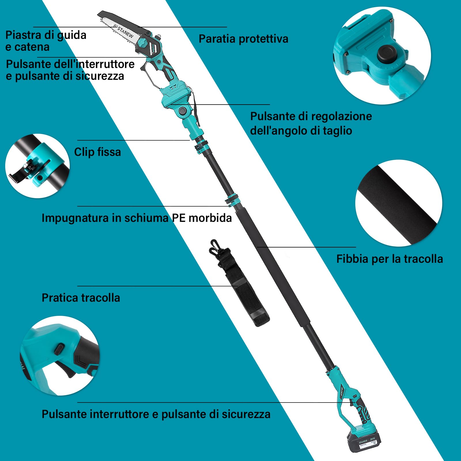STANEW Motosega telescopica senza fili,da 6 pollici,2 in 1 | Due batterie 4000 mAh,estensione max 4,6 m,lama rotante e lubrificazione automatica.