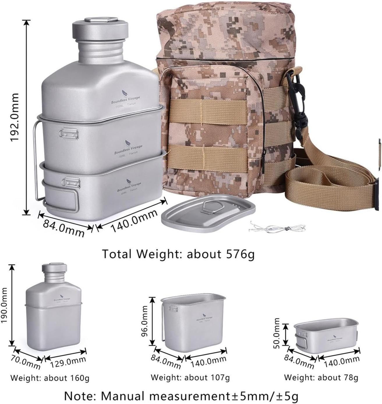 Boundless Voyage Titanium Canteen Mess Kit with Camouflage Bag Large Capacity Kidney-Shaped Camping Pot Pan Set with Lid & Hanging Chain
