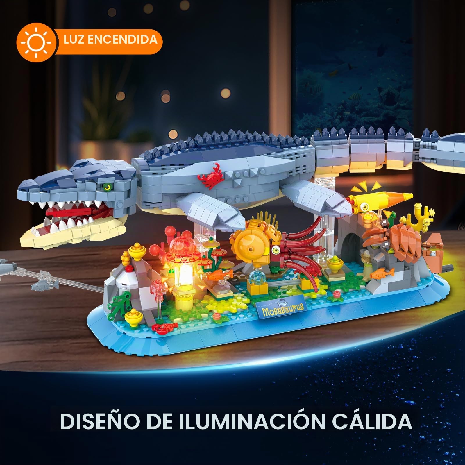 INSOON Mosasaurus - Juguete de construcción con luz, 1219 Piezas, diseño de Animales móviles con nautilussen Medusas arrecifes de Coral, Bloques de sujeción para decoración del hogar, Regalo para