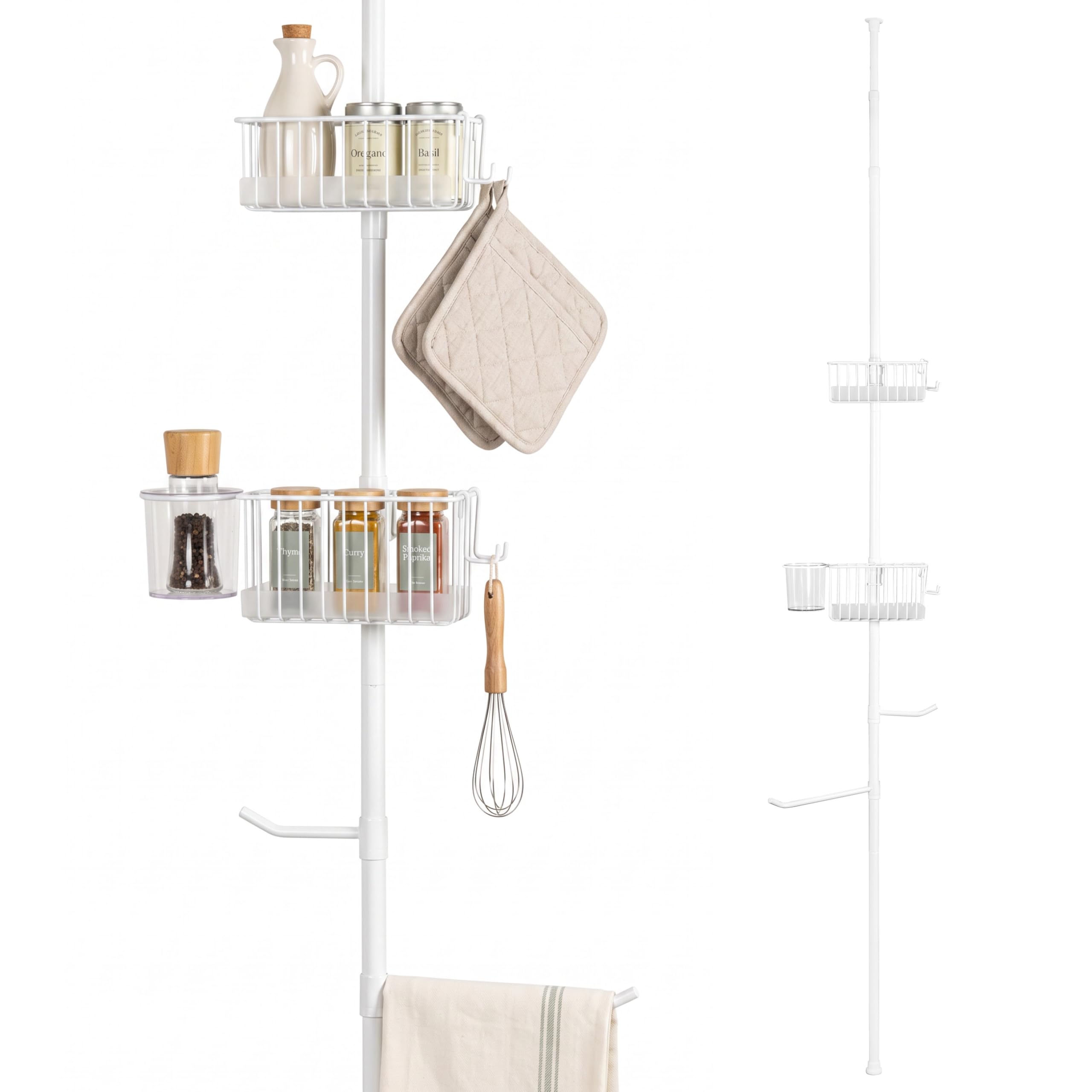 bremermann Telescopic Kitchen Rack with 2 Baskets and 2 Tea Towel Holders, Ideal for Spices, Oils, Kitchen Utensils etc. Height Adjustable up to 290 cm, Metal (White)