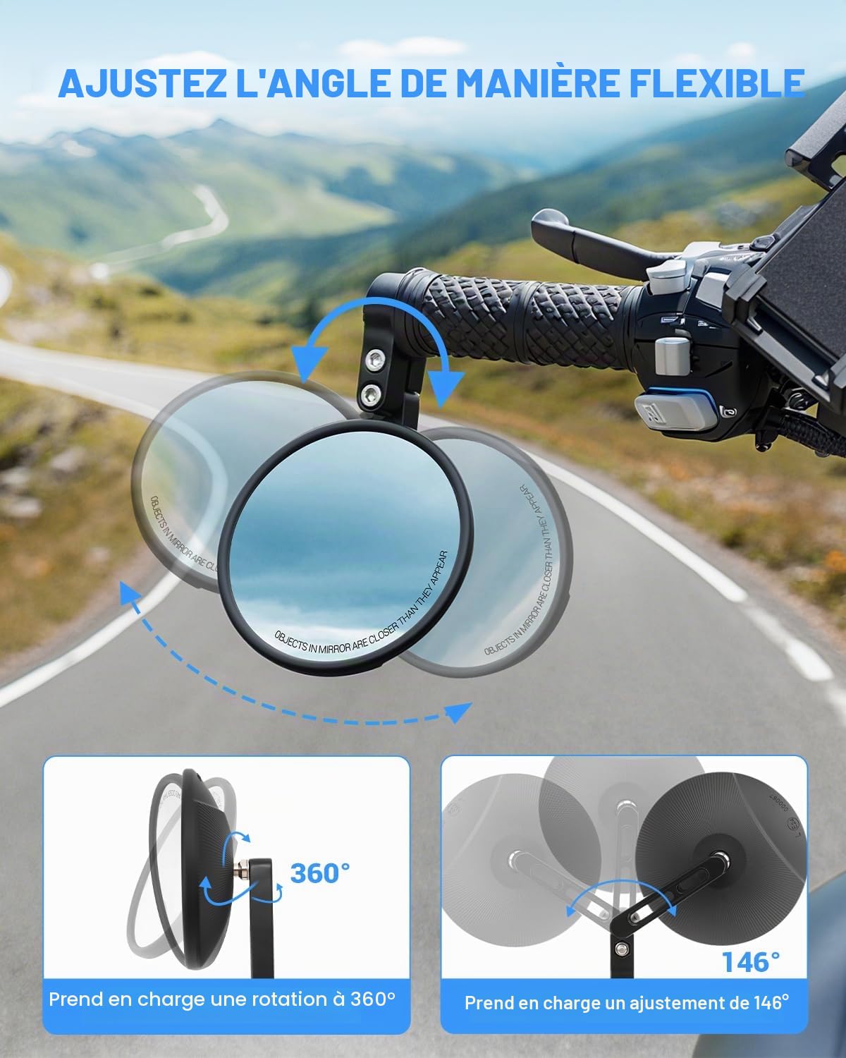 SUPAREE E24 Homologué Rétroviseur Moto Universel Retro Guidon Rond Retroviseur Moto Homologué 360°Rotatif Convient aux Diamètres de Guidon 22 mm et 25,4 mm 2PCS