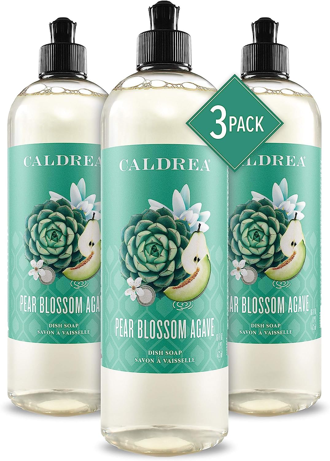 CaldreaDish Soap, Biodegradable Dishwashing Liquid made with Soap Bark and Aloe Vera, Pear Blossom Agave, 16 oz, 3 Pack